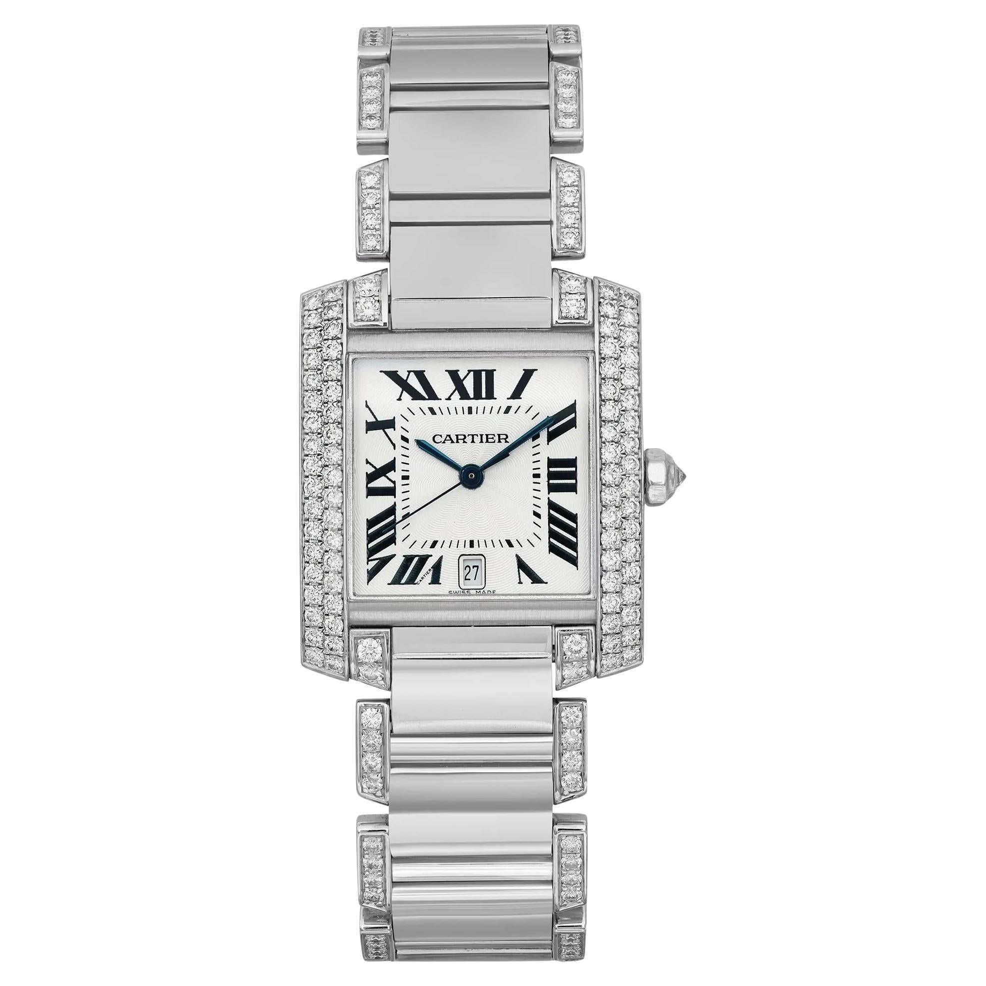Reloj Cartier Tank Francaise 18K Oro Blanco Diamante Esfera Plata Unisex WE1003SF en venta