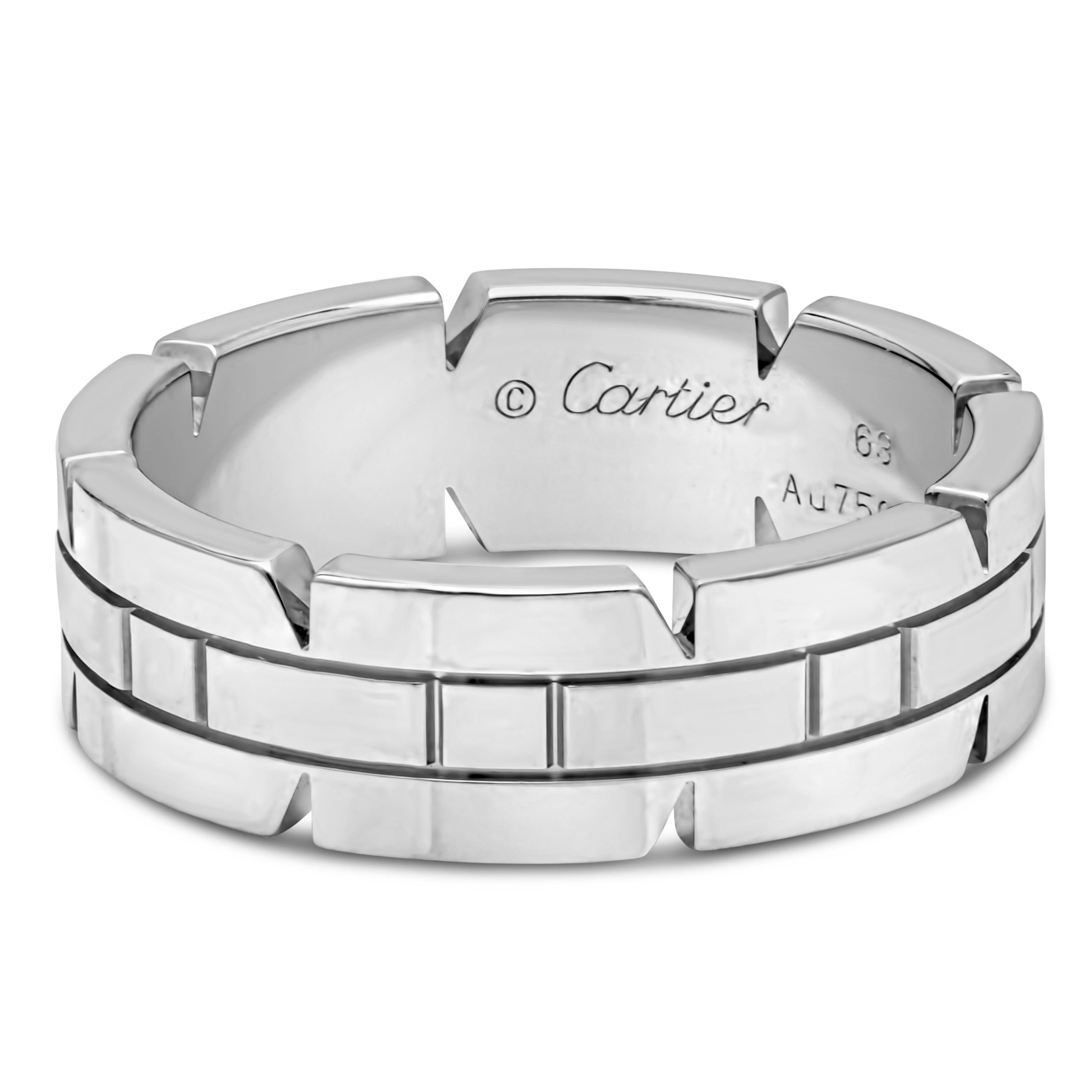 An authentic men's wedding band ring by Cartier from the Tank Française collection. Crafted in 18K white gold with a fine polished finish, 7 mm in width. Size 10.5 US.

