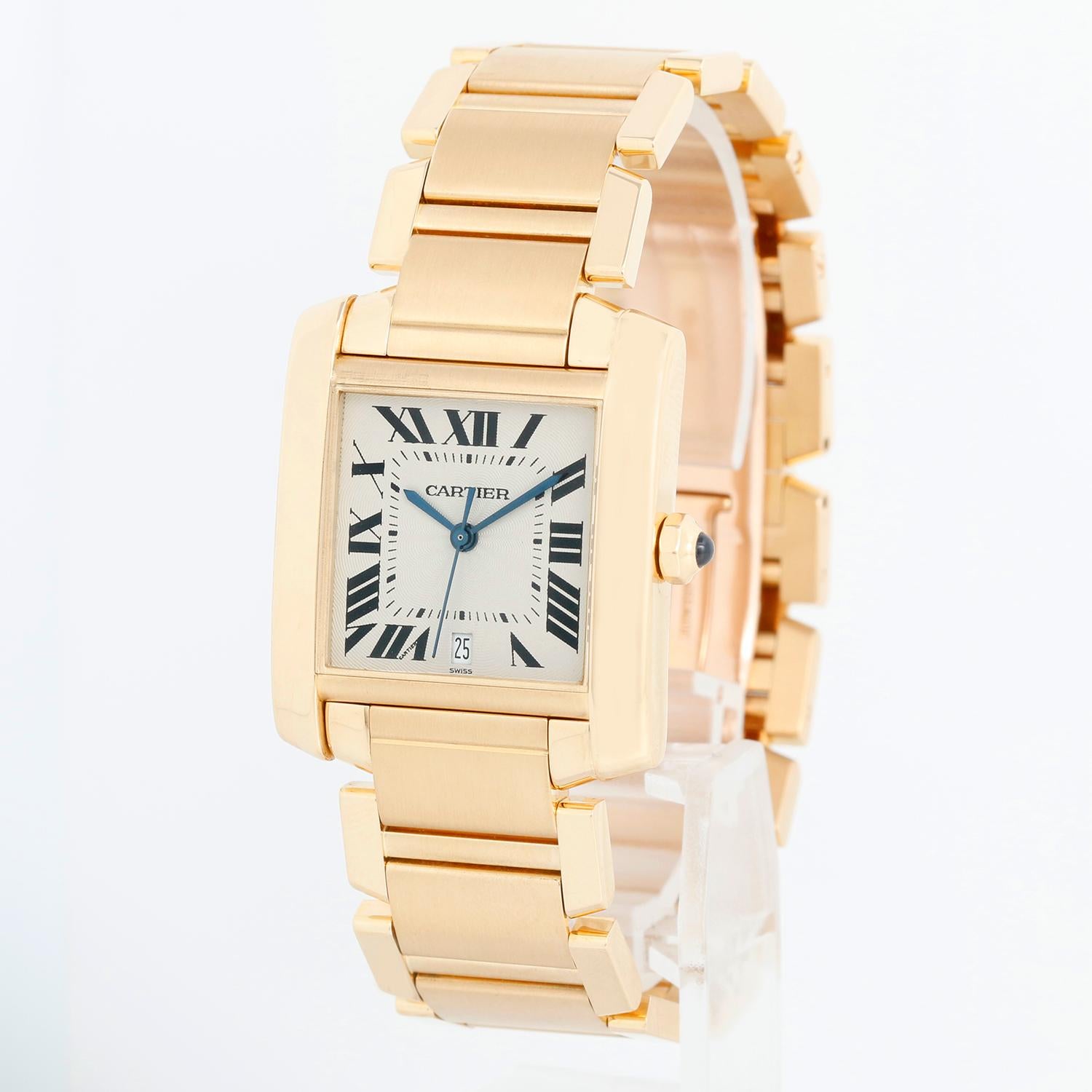 Cartier Tank Francaise 18k Yellow Gold Men's Watch W5000156 1840 - Automatic winding; date. 18k yellow gold case (28 x 32mm ). Silver guilloche dial with black Roman numerals. 18K Yellow Gold Bracelet. Pre-owned with Cartier box.