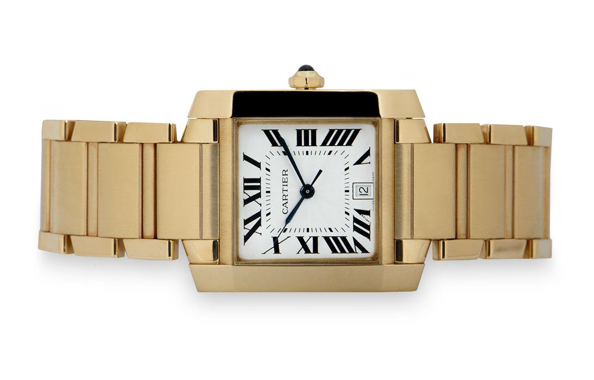 Cartier Tank Francaise 18 Karat Yellow Gold Silver Guilloche Dial W50001R2 In Excellent Condition In London, GB