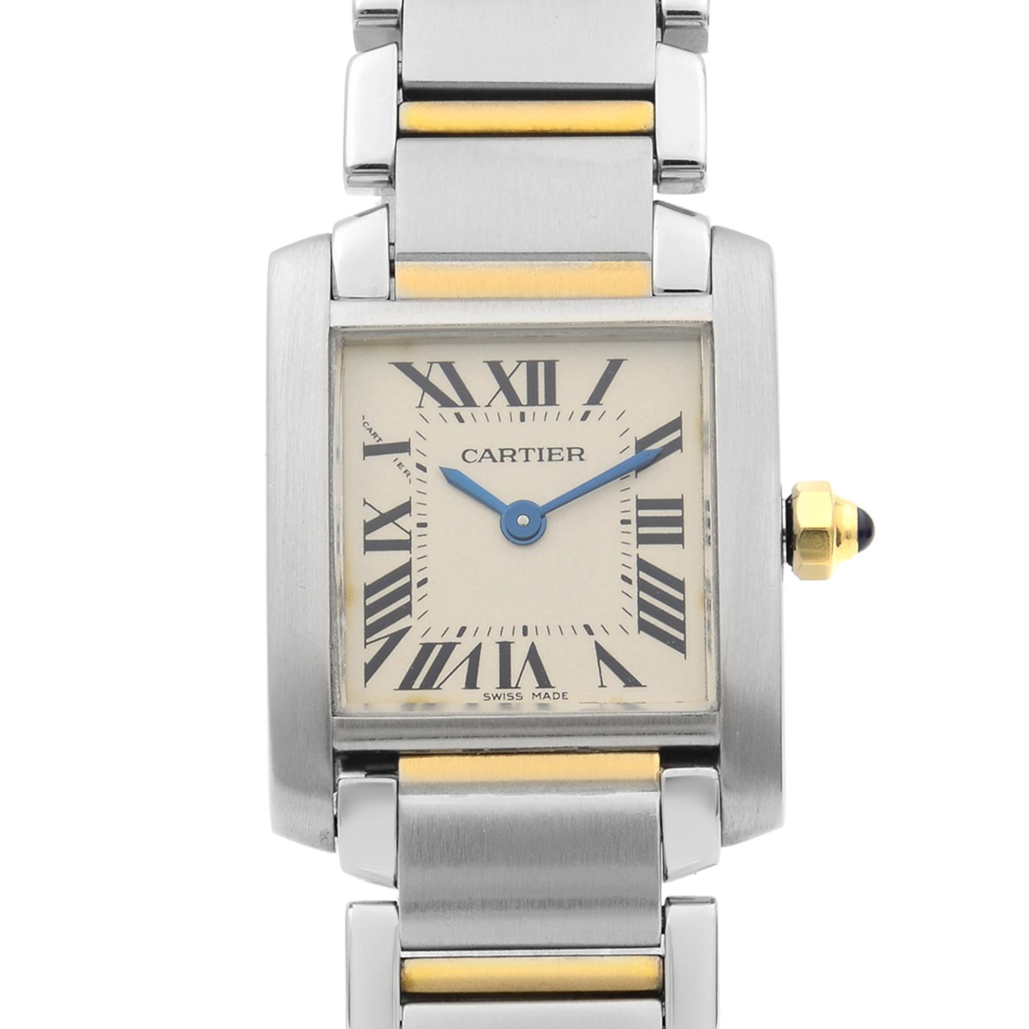 This pre-owned Cartier Tank  W51007Q4 is a beautiful Ladie's timepiece that is powered by quartz (battery) movement which is cased in a stainless steel case. It has a  rectangle shape face, no features dial and has roman numerals style hour markers.