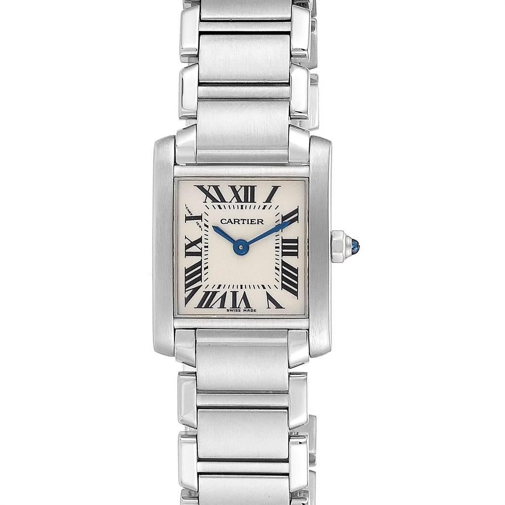 Cartier Tank Francaise 20mm Silver Dial Steel Ladies Watch W51008Q3. Quartz movement. Rectangular stainless steel 20.0 x 25.0 mm case. Octagonal crown set with a blue spinel cabochon. Scratch resistant sapphire crystal. Silver grained dial with