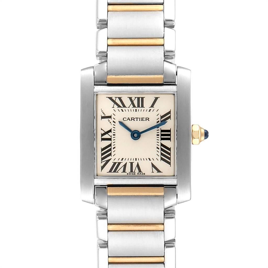 Cartier Tank Francaise 20mm Steel Yellow Gold Ladies Watch W51007Q4. Quartz movement. Rectangular stainless steel 20.0 x 25.0 mm case. Octagonal 18k yellow gold crown set with a blue spinel cabochon. Stainless steel bezel. Scratch resistant sapphire