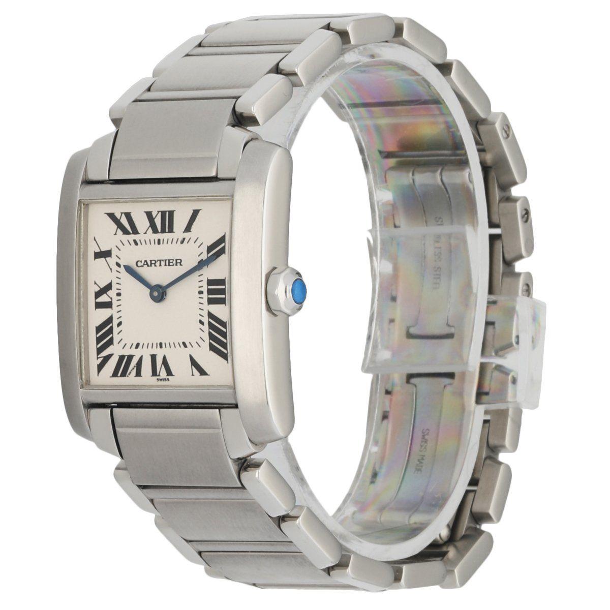 Cartier Tank FrancaiseÂ 2301 Ladies Watch.Â 25mm stainless steel case with smooth bezel. Off White dial with Blue steel hands and black Roman numeral hour markers. Minute markers on the inner dial.Â Stainless steel bracelet with stainless steel