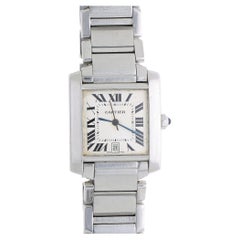 Cartier Tank Francaise 2302 Large Steel Guilloche Roman Dial Blue Hands Watch