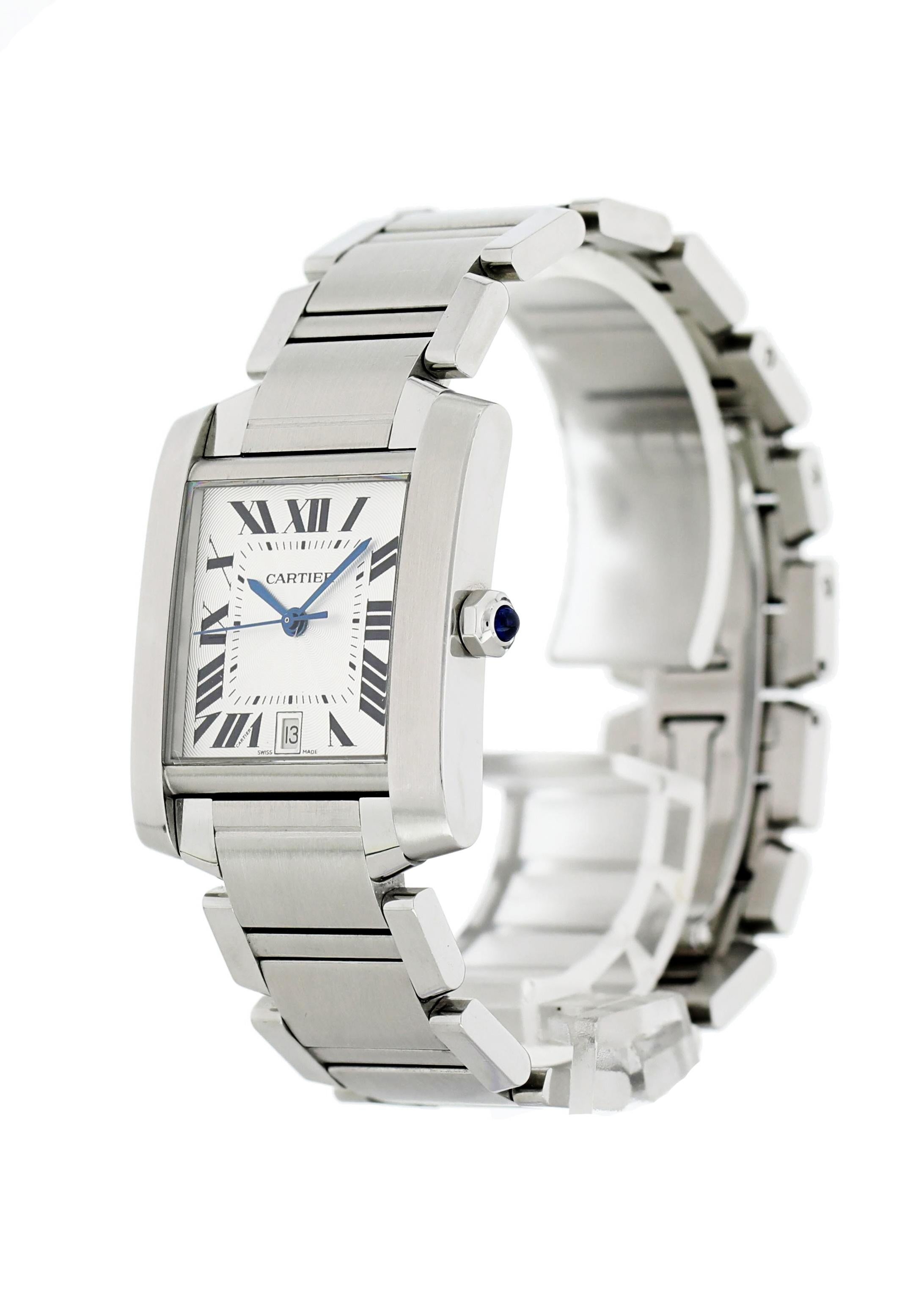 Cartier Tank Francaise 2302 Mens Watch. 
28mm stainless steel case with a fixed smooth bezel. 
Silver dial blue steel hands and black Roman numerals hour markers. 
Minute marker on the inner dial. 
Date display at the 6 o'clock position. 
Stainless