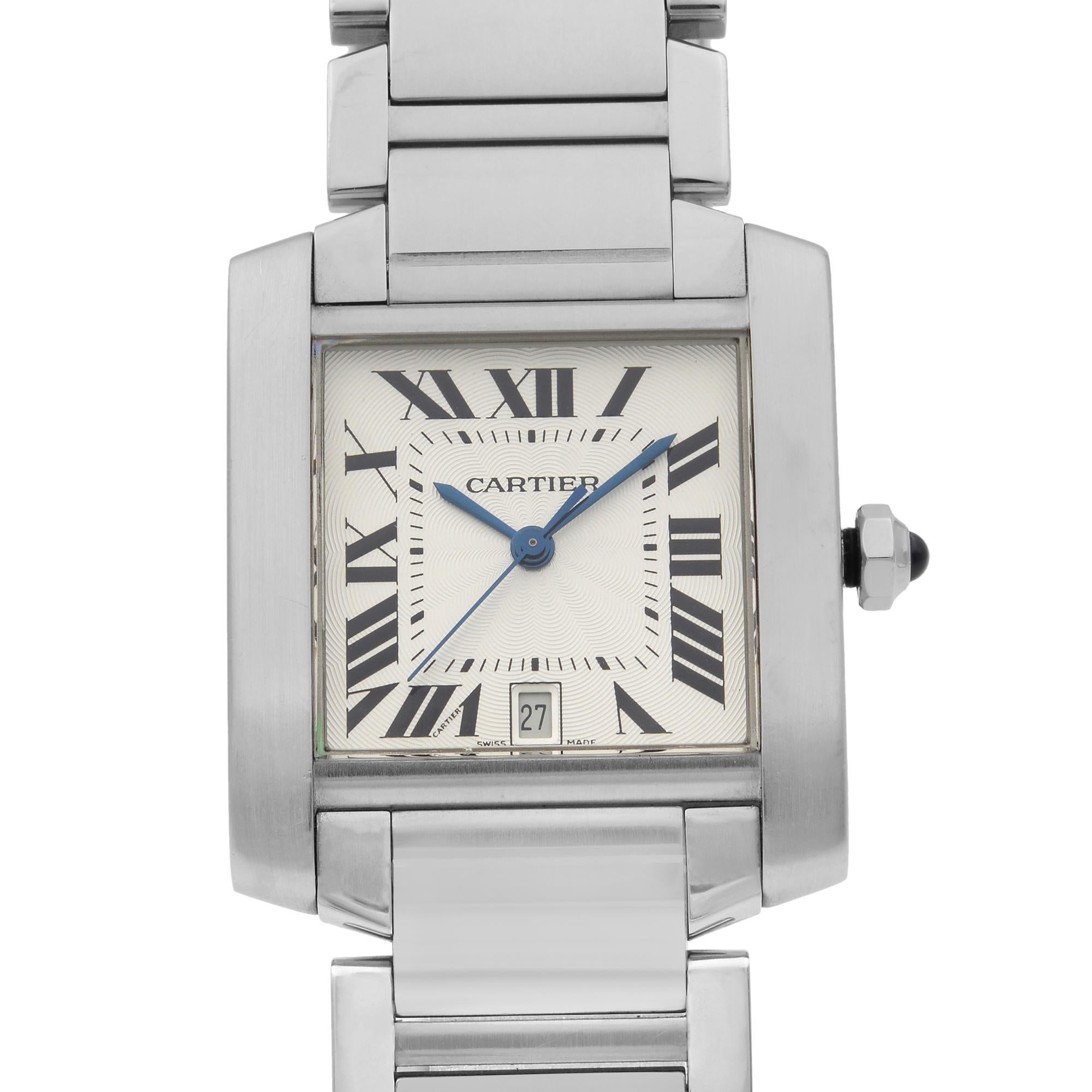 This pre-owned Cartier Tank W51002Q3 is a beautiful men's timepiece that is powered by mechanical (automatic) movement which is cased in a stainless steel case. It has a  rectangle shape face, date indicator dial and has hand roman numerals style
