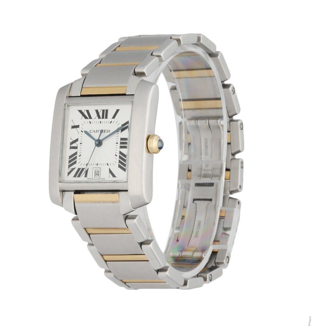 Cartier Tank Francaise 2302 men's watch. 28mm stainless steel case with an 18k yellow gold crown. Silver dial with blue steel hands and black Roman numeral hour marker. Date display at 6 o'clock position. Stainless steel and 18k yellow gold bracelet