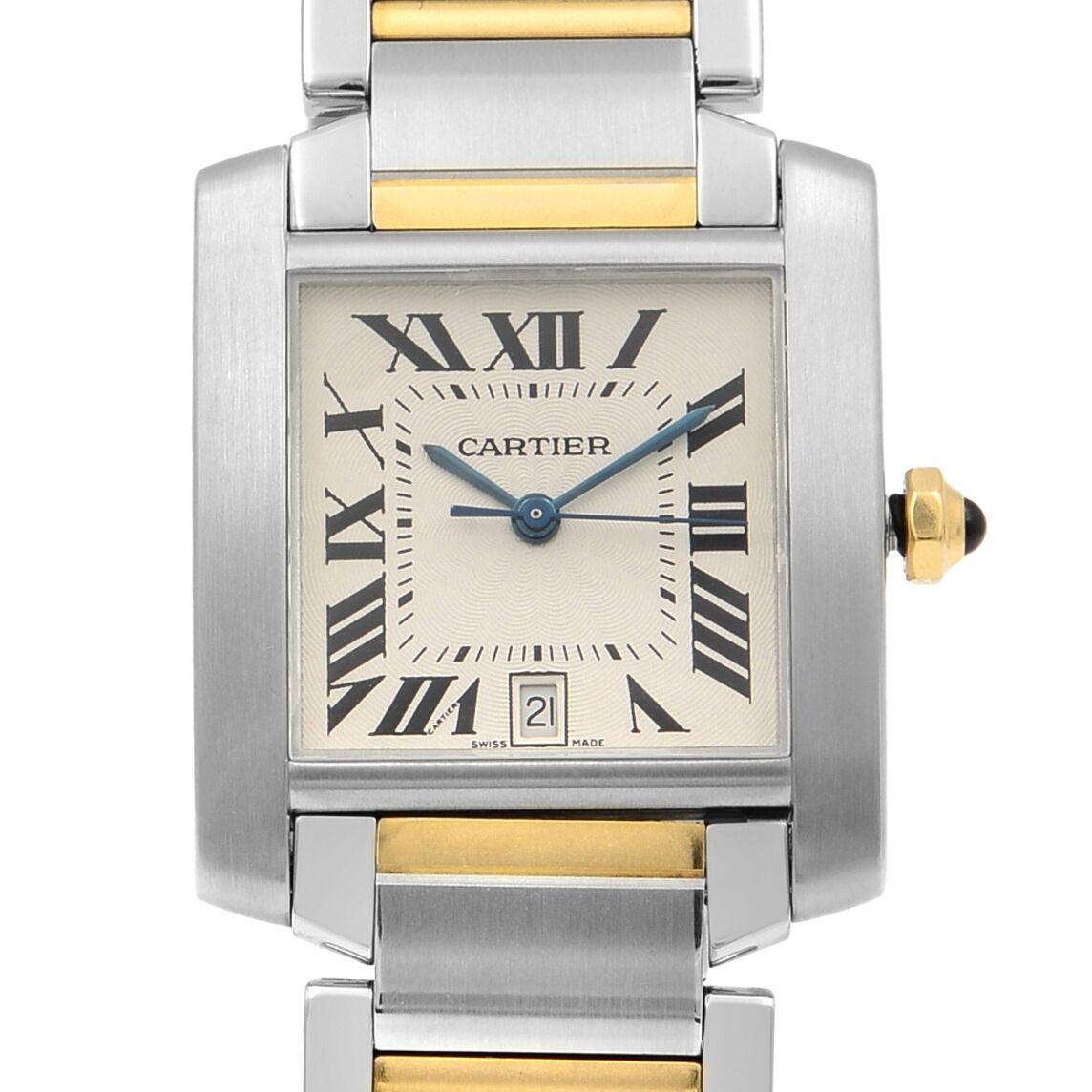 This pre-owned Cartier Tank Francaise  2302 is a beautiful men's timepiece that is powered by a mechanical (automatic) movement which is cased in a stainless steel case. It has a  rectangle shape face, date indicator dial, and has hand roman