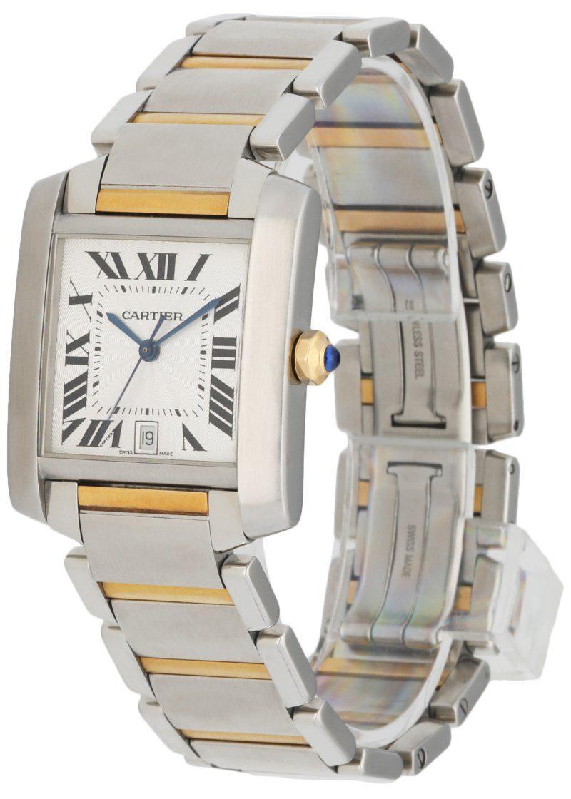 Large Cartier Tank Francaise 2302. 28mm stainless steel case with an 18k yellow gold crown. Silver dial with blue steel hands and black Roman numeral hour marker. Date display at 6 o'clock position. Stainless steel and 18k yellow gold bracelet with