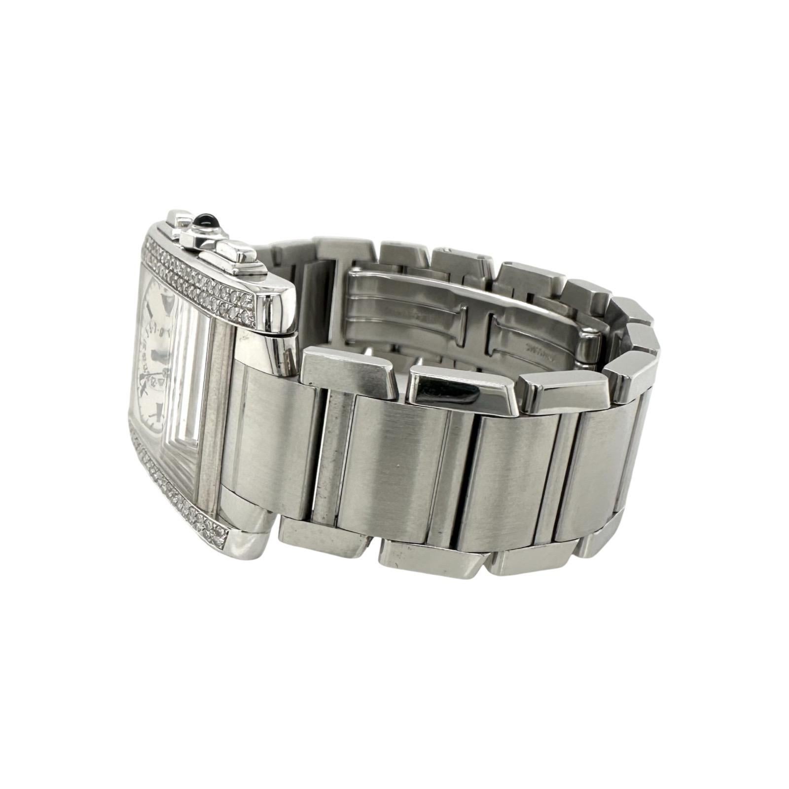 Brand: Cartier
Model Name: Tank Francaise
Features: Chronograph, Water-Resistant
Case Material: Stainless Steel
Case Color: Gray
Case Back: Screwback
Bezel: Diamonds
Dial: White, 12 Hour Dial, Roman Numerals
Bracelet: Stainless Steel
Year:
