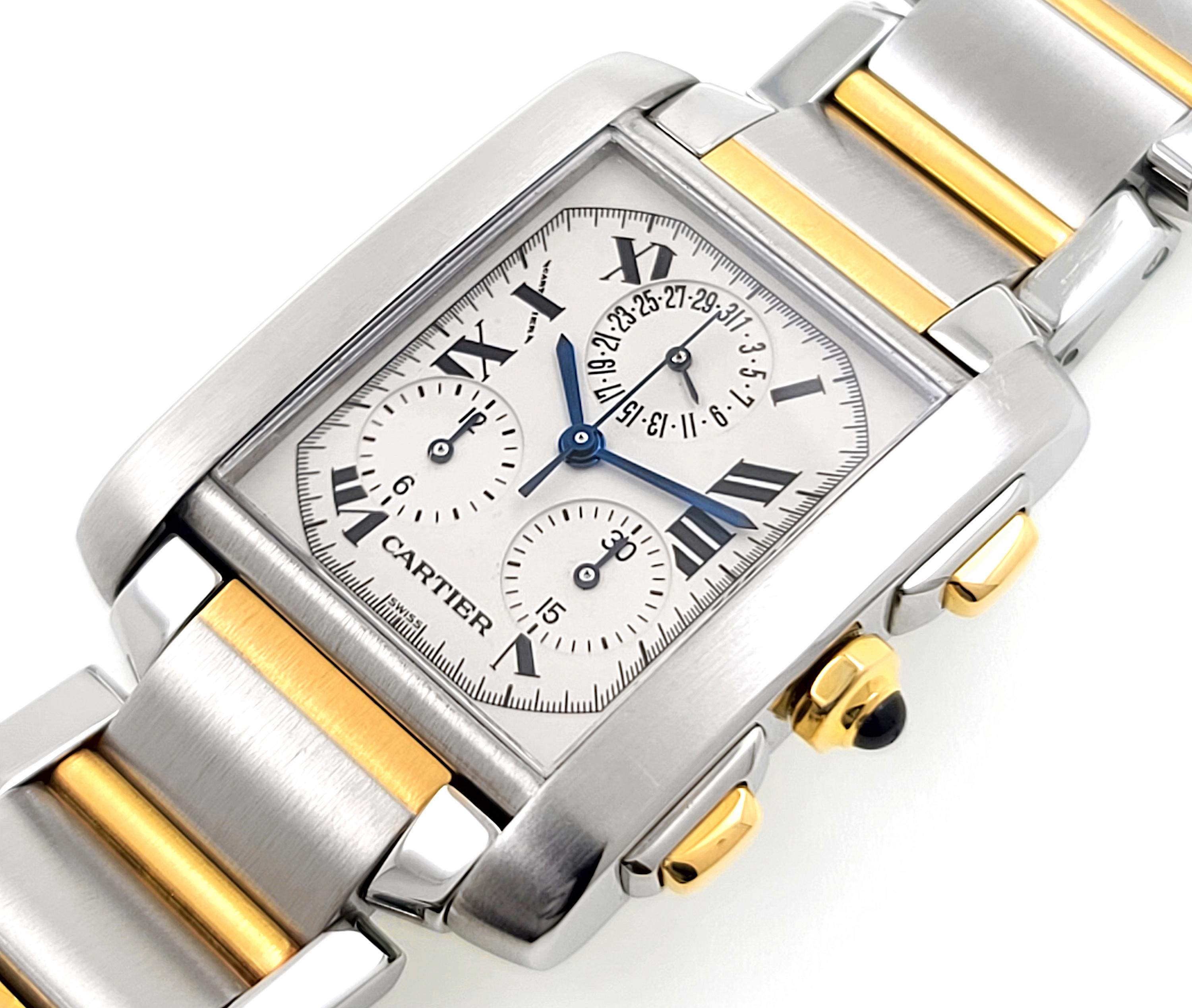 Cartier Tank Française 2303 Serviced Steel & 18k Gold Chronograph Chronoreflex In Excellent Condition For Sale In PARIS, FR
