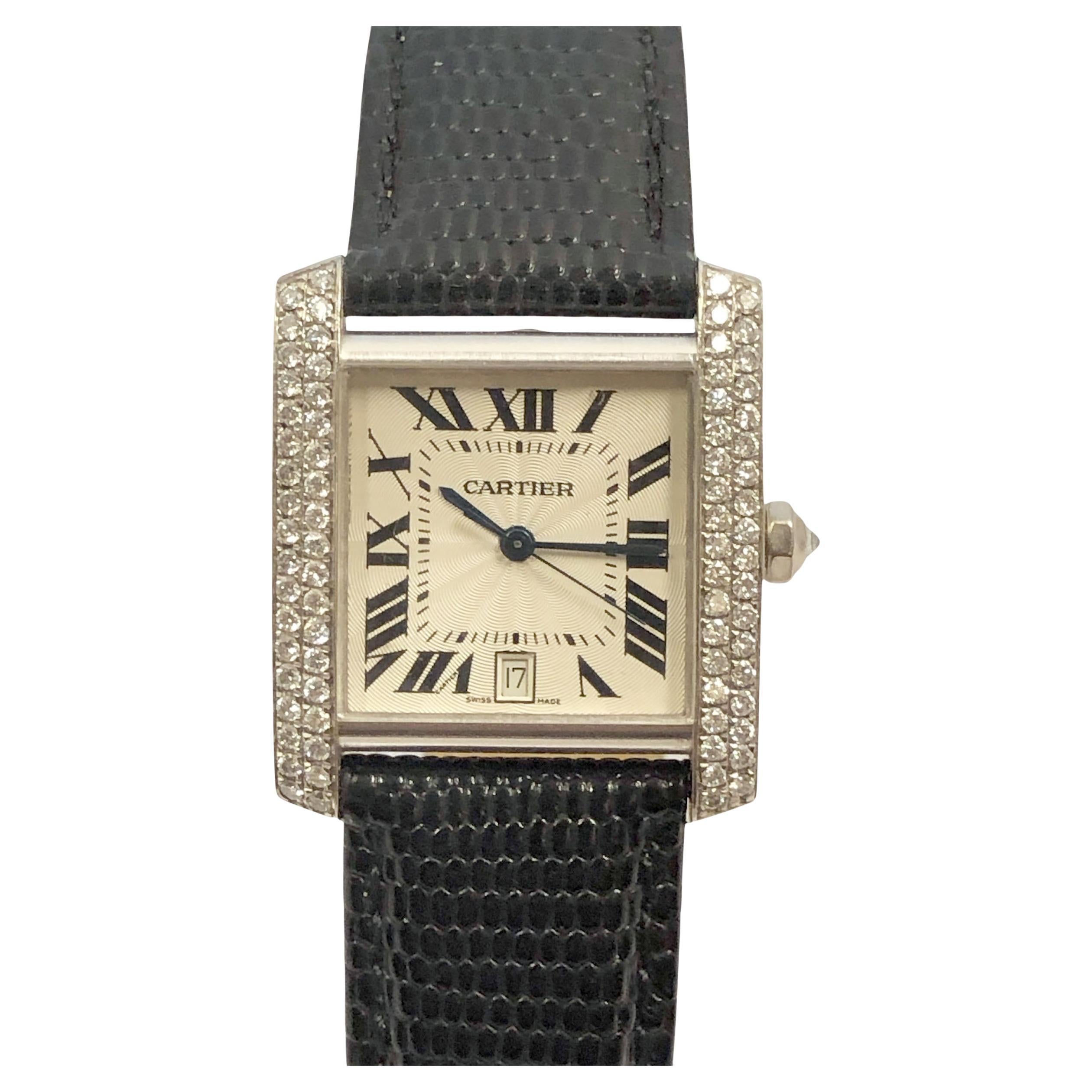 Cartier Tank Francaise 2366 White Gold and Diamond Large Automatic Wrist Watch For Sale