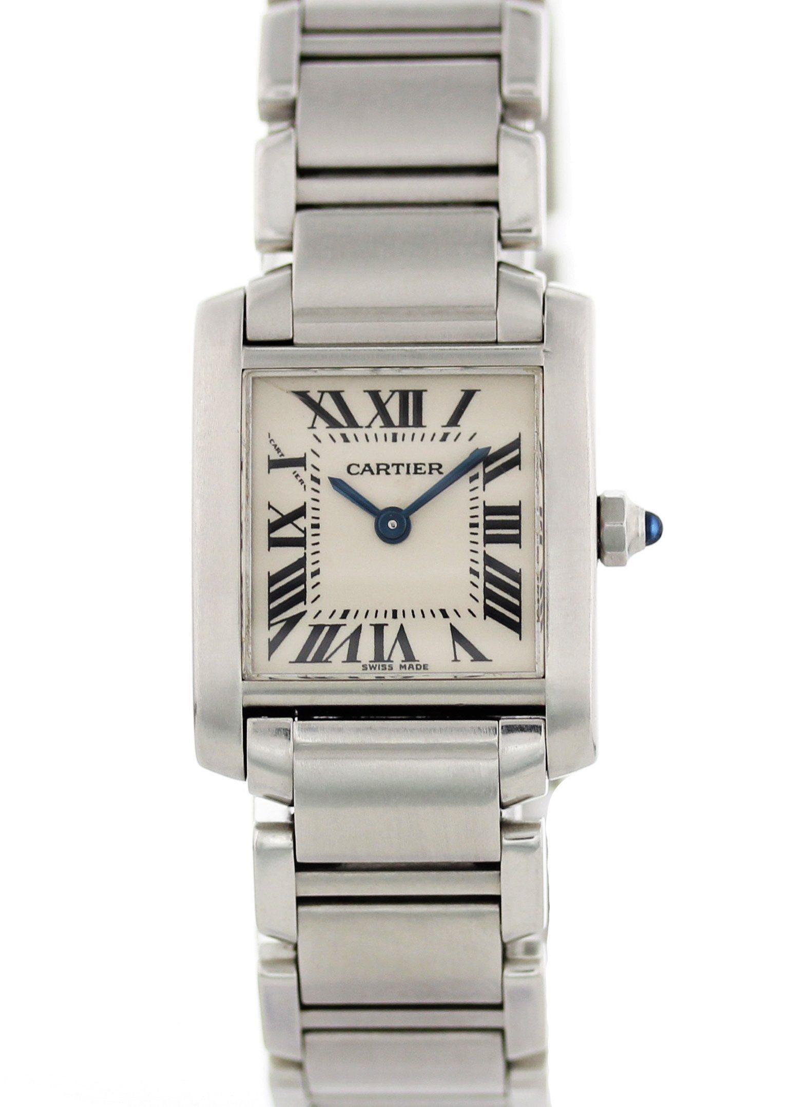 Cartier Tank Francaise 2384 Ladies Watch.
20mm x 25mmmm Stainless Steel case. 
Stainless Steel Stationary bezel. 
Off-White dial with Blue steel hands and Roman numeral hour markers. 
Minute markers on the outer dial. 
Stainless Steel Bracelet with