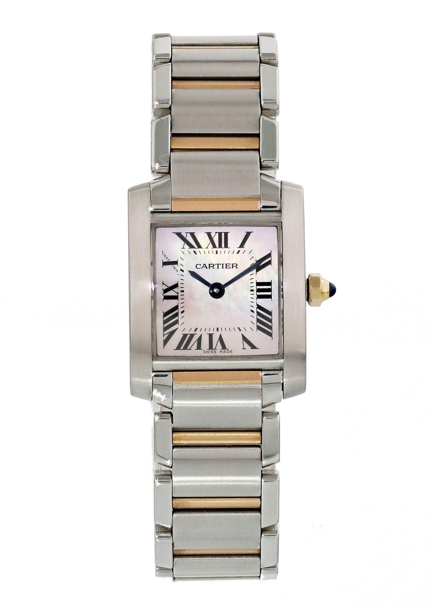Cartier Tank Francaise 2384 Ladies Watch. 
20mm Stainless Steel case. 
Pink mother of pearl dial with blue steel hands and Roman numeral hour markers. 
Minute markers on the inner dial. 
Two-Tone Stainless Steel and rose gold Bracelet with Butterfly