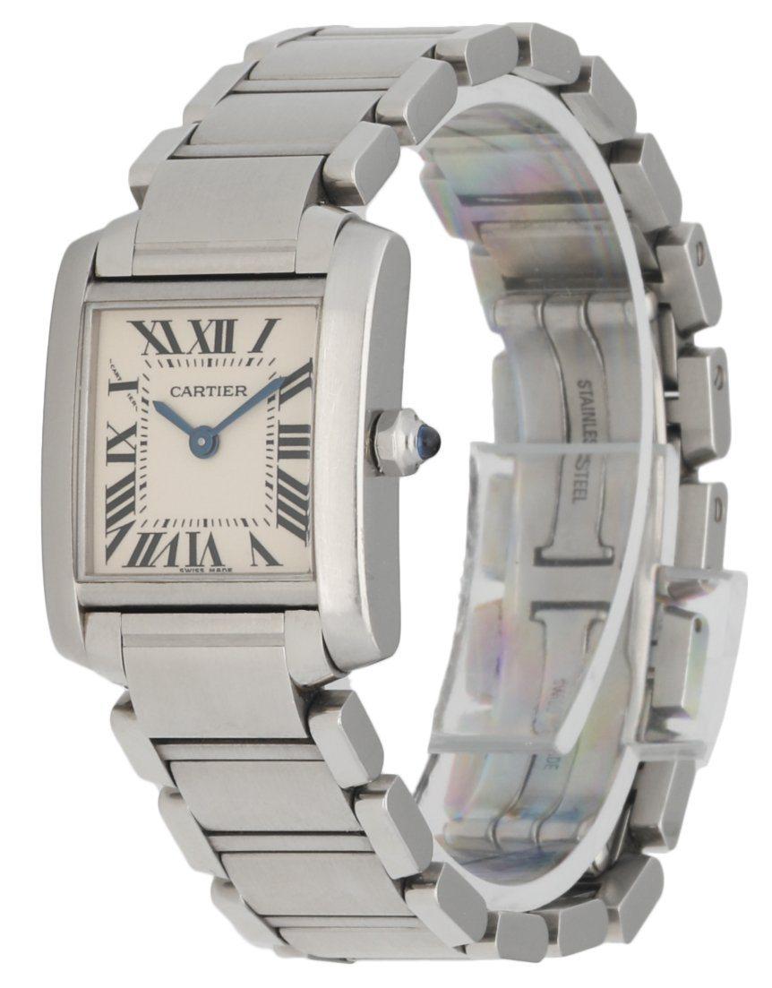 Cartier Tank Francaise 2384 Ladies Watch. 20mm Stainless Steel case. Stainless Steel smooth bezel. Off-White dial with Blue steel hands and Roman numeral hour markers. Minute markers on the inner dial. Stainless Steel Bracelet with Hidden Butterfly