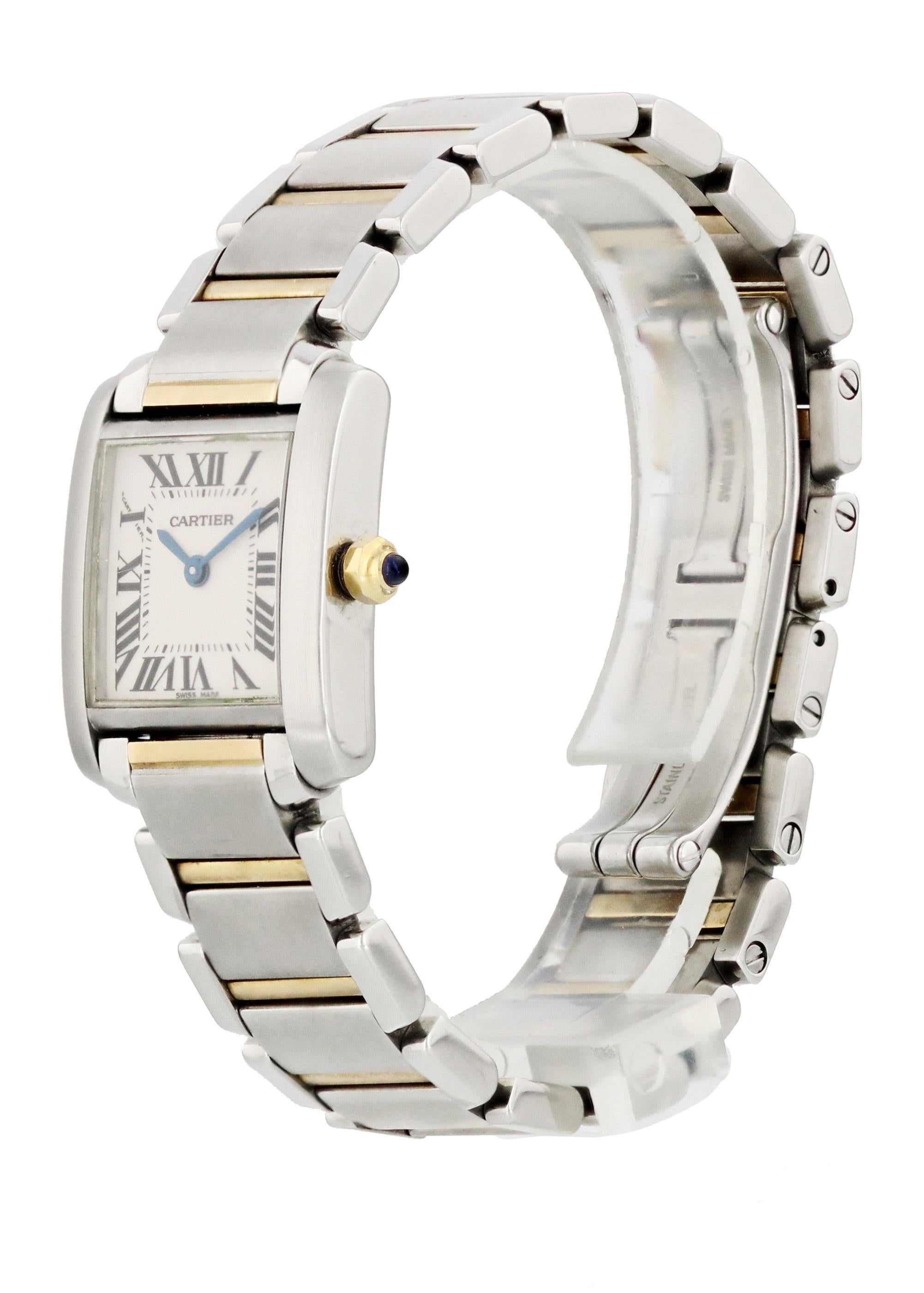 Cartier Tank Francaise 2384 Ladies Watch. 20 x 24mm Stainless Steel case. Stainless Steel Stationary bezel. Off-White dial with Blue steel hands and roman numeral hour markers. Minute markers on the inner dial. Stainless Steel Bracelet with