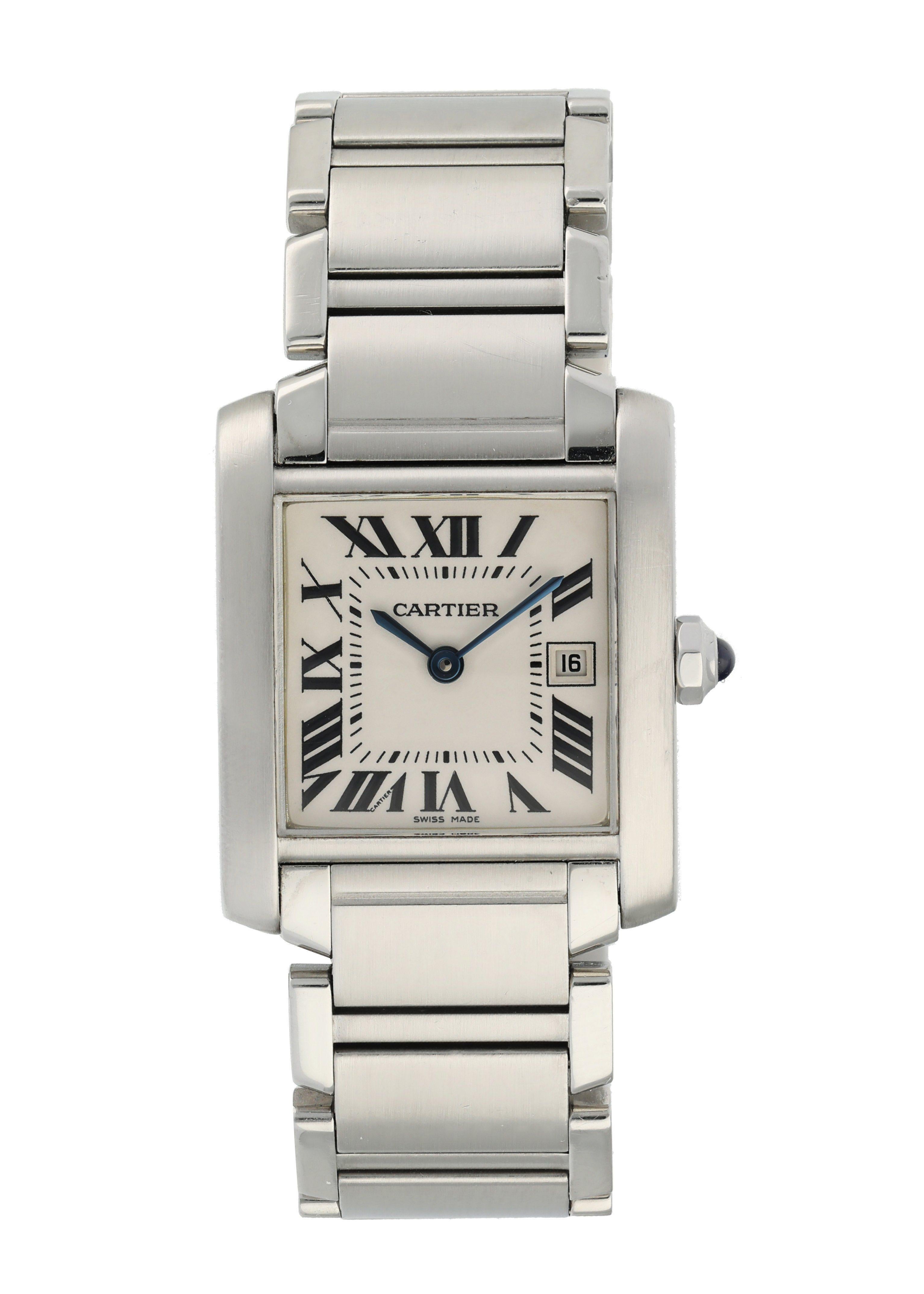 Cartier Tank Francaise 2465 Ladies Watch.
25mm midsize Stainless Steel case. 
Stainless Steel Stationary bezel. 
Off-White dial with Blue steel hands and Roman numeral hour markers. 
Minute markers on the inner dial. 
Date display at the 3 o'clock