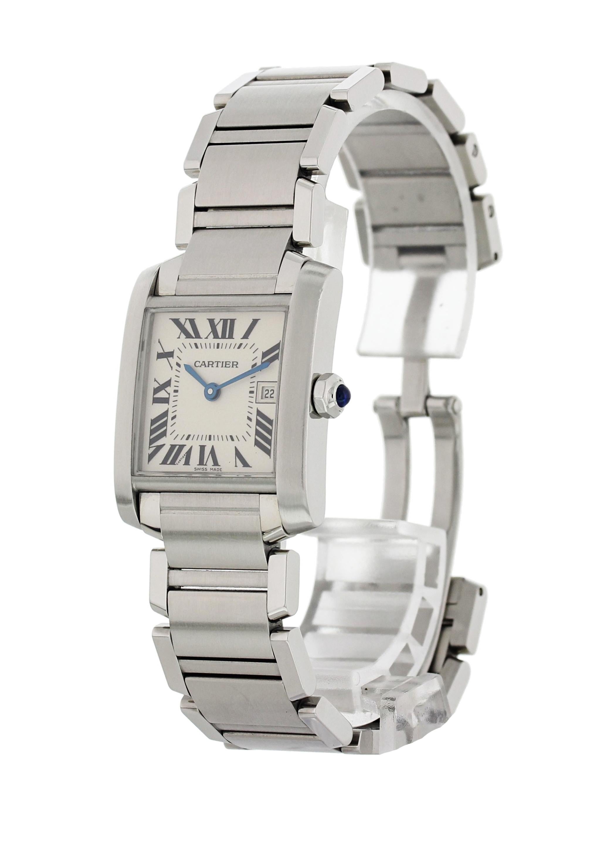 Cartier Tank Francaise 2465 Mid Size Watch. 25mm stainless steel case. Ivory dial with blue steel hands and black Roman numerals markers. Date aperture at the 3 o'clock position. Stainless steel bracelet with hidden butterfly clasp. Will fit a