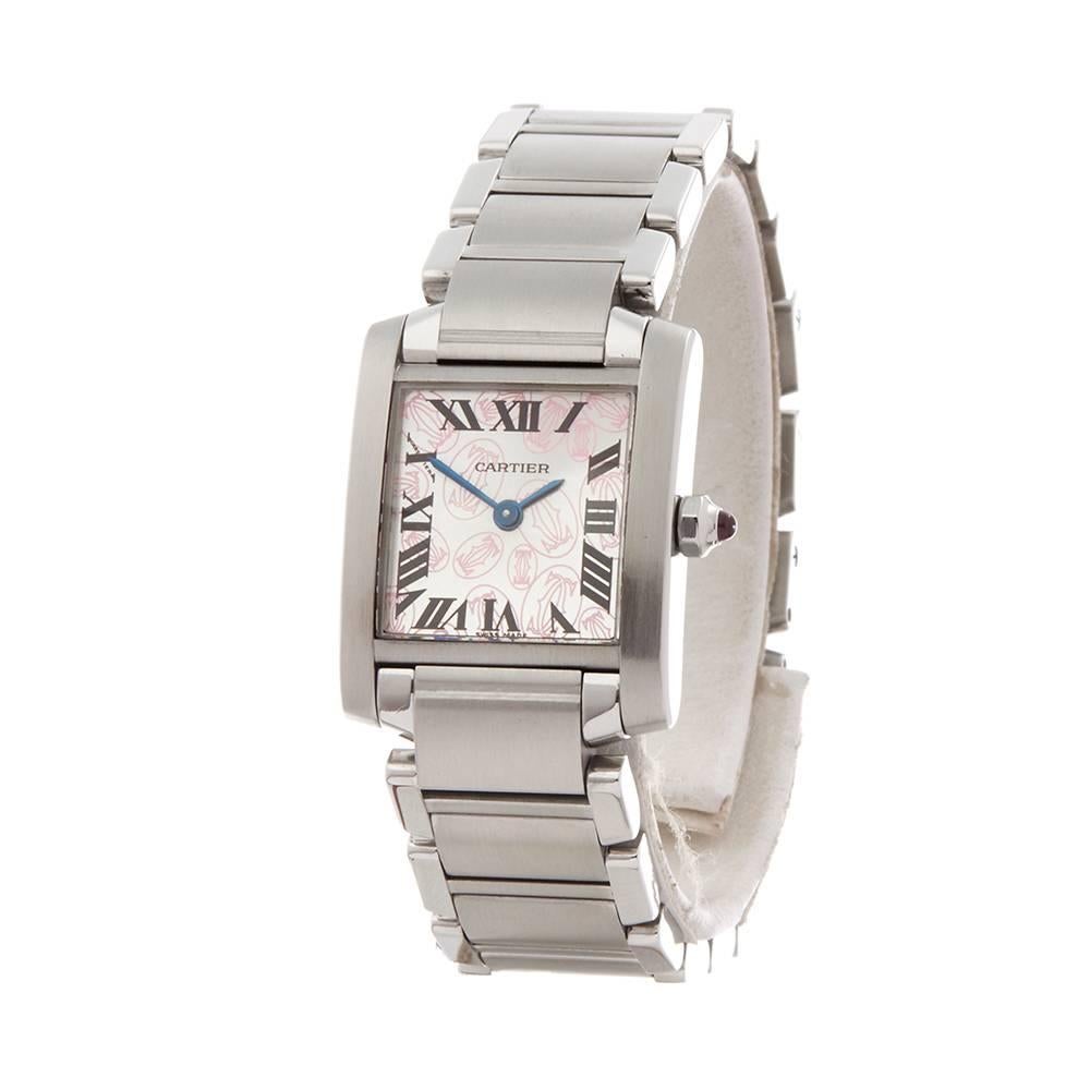 Ref: W4797
Manufacturer: Cartier
Model: Tank Francaise
Model Ref: 2384 or W51008Q3
Age: 
Gender: Ladies
Complete With: Xupes Presentation Box
Dial: Mother of Pearl Roman
Glass: Sapphire Crystal
Movement: Quartz
Water Resistance: To Manufacturers