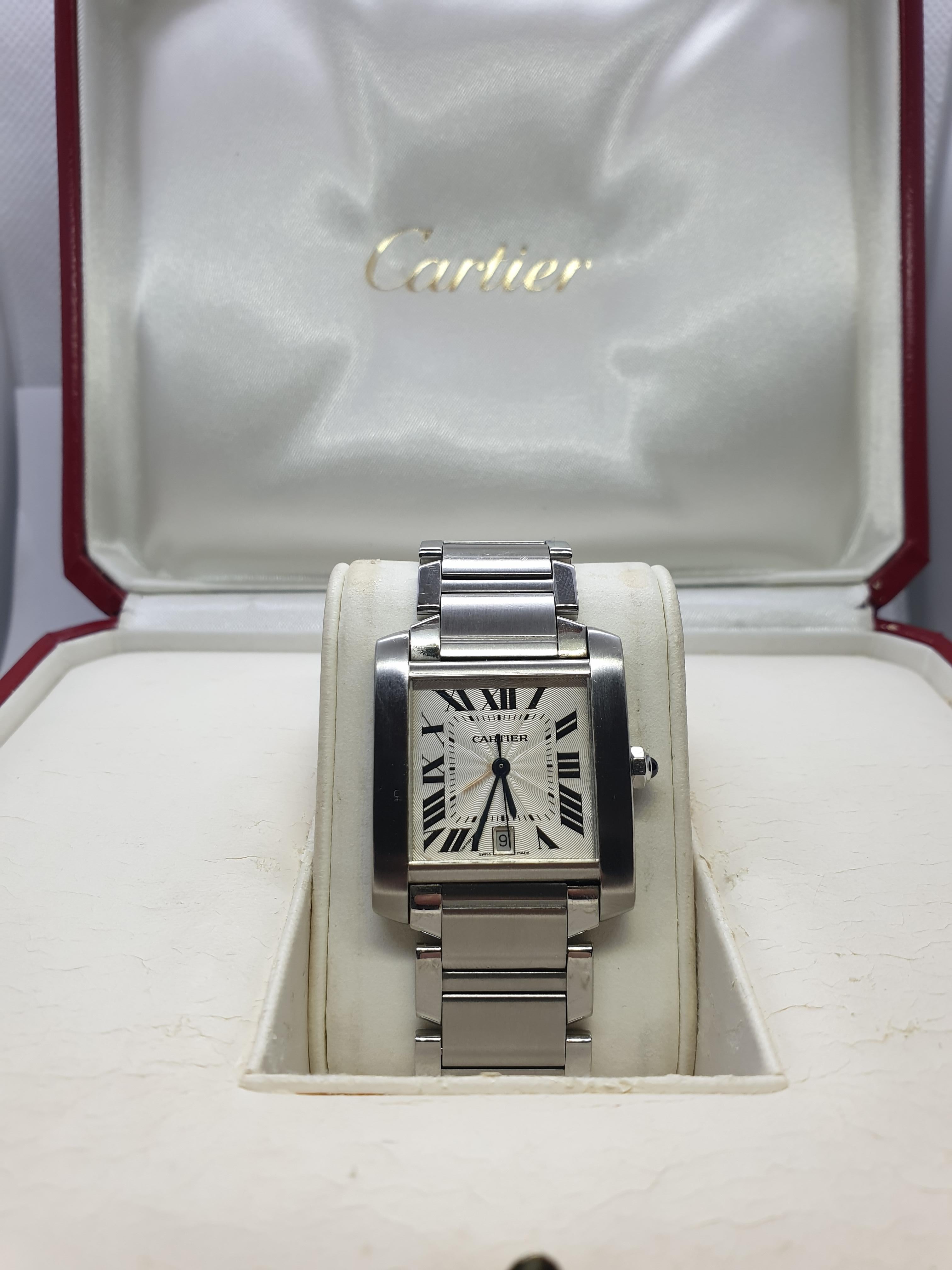 Cartier tank francaise steel wrist watch

Automatic movement

28 x 32 mm

Wonderful condition

Original box and papers 

