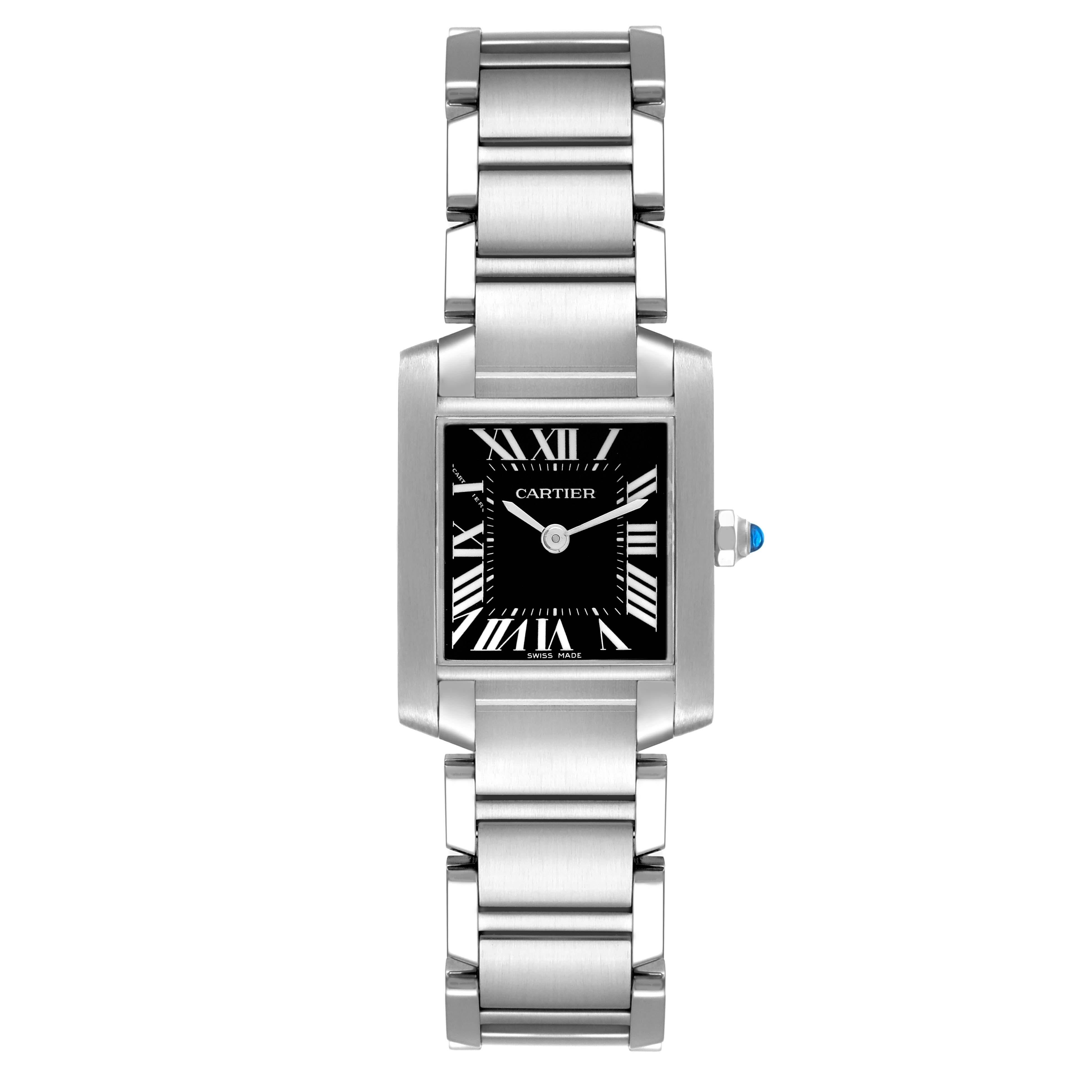 Cartier Tank Francaise Black Dial Steel Ladies Watch W51026Q3. Quartz movement. Rectangular stainless steel 20.0 x 25.0 mm case. Octagonal crown set with a blue spinel cabochon. . Scratch resistant sapphire crystal. Black dial with white radial