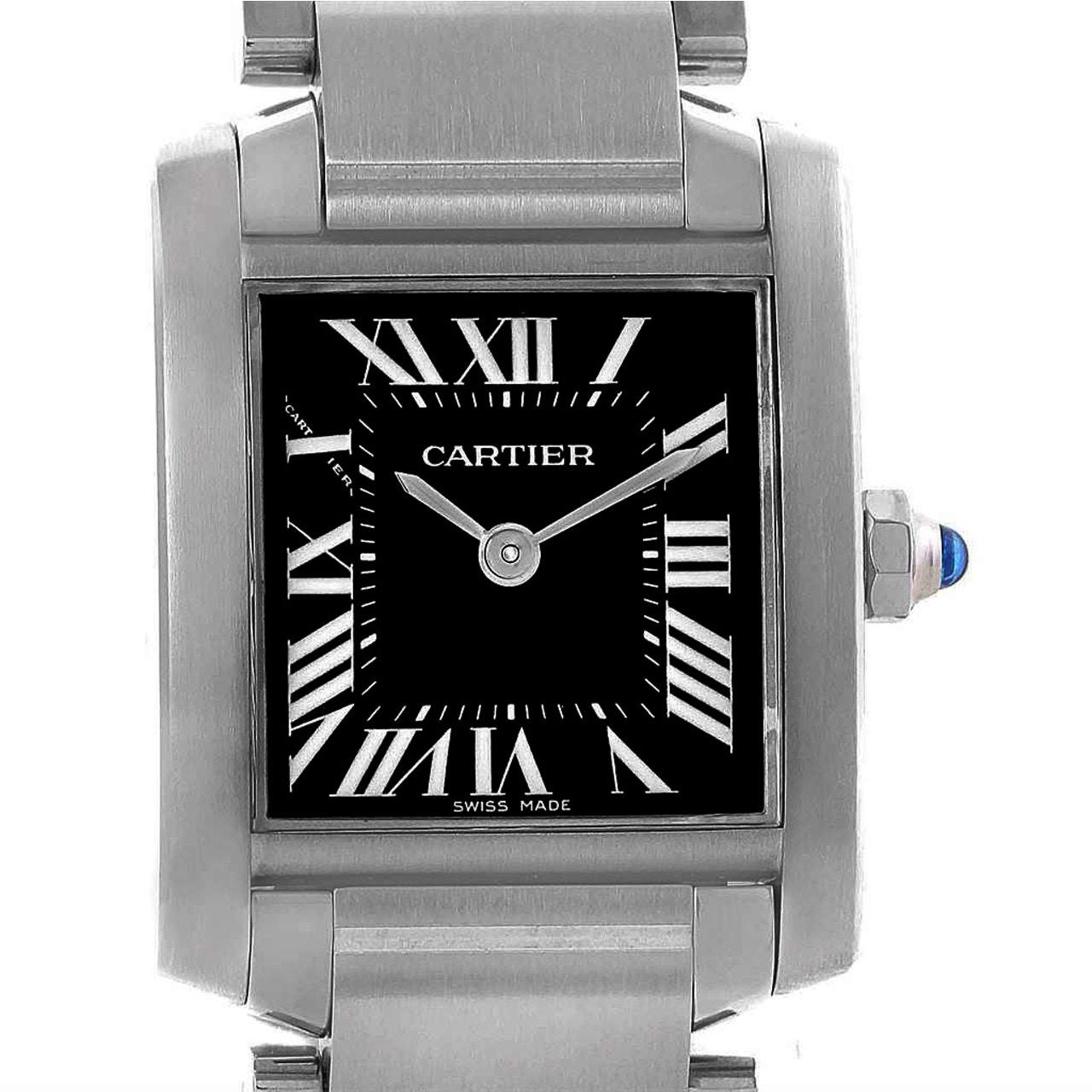 CARTIER TANK FRANCAISE BLACK DIAL WATCH 2384

-Condition: Mint
-Movement: Quartz
-Case size: 20x25mm
-Case thickness: 6mm
-Bezel Material: Stainless Steel
-Dial Color: Black
-Dial Markers: Roman Numerals
-Crystal: Sapphire
-Clasp: Folding

*Comes