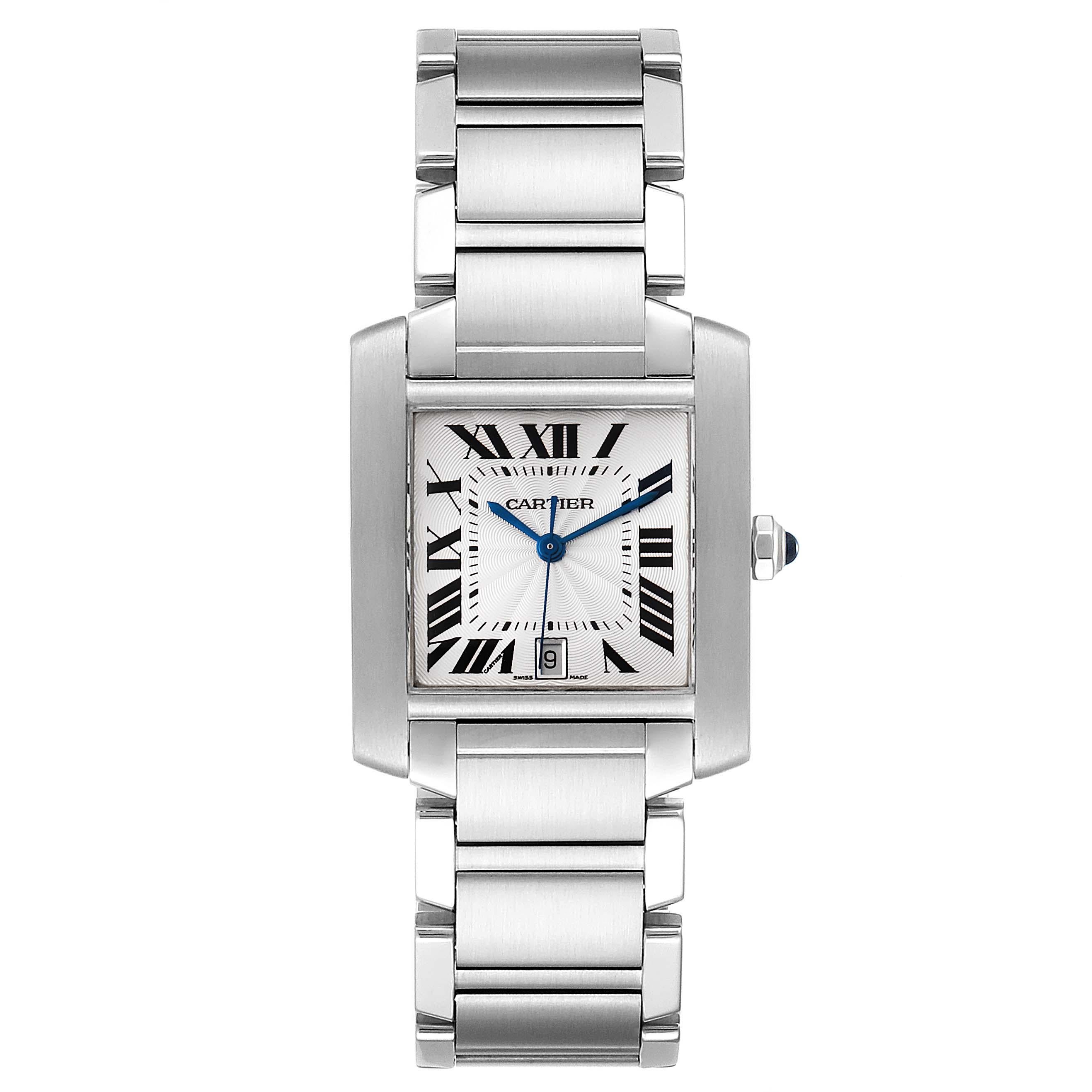 Cartier Tank Francaise Blue Hands Steel Automatic Mens Watch W51002Q3. Automatic self-winding movement. Rectangular stainless steel 28.0 x 32.0 mm case. Octagonal crown set with a blue spinel cabochon. . Scratch resistant sapphire crystal. Silver