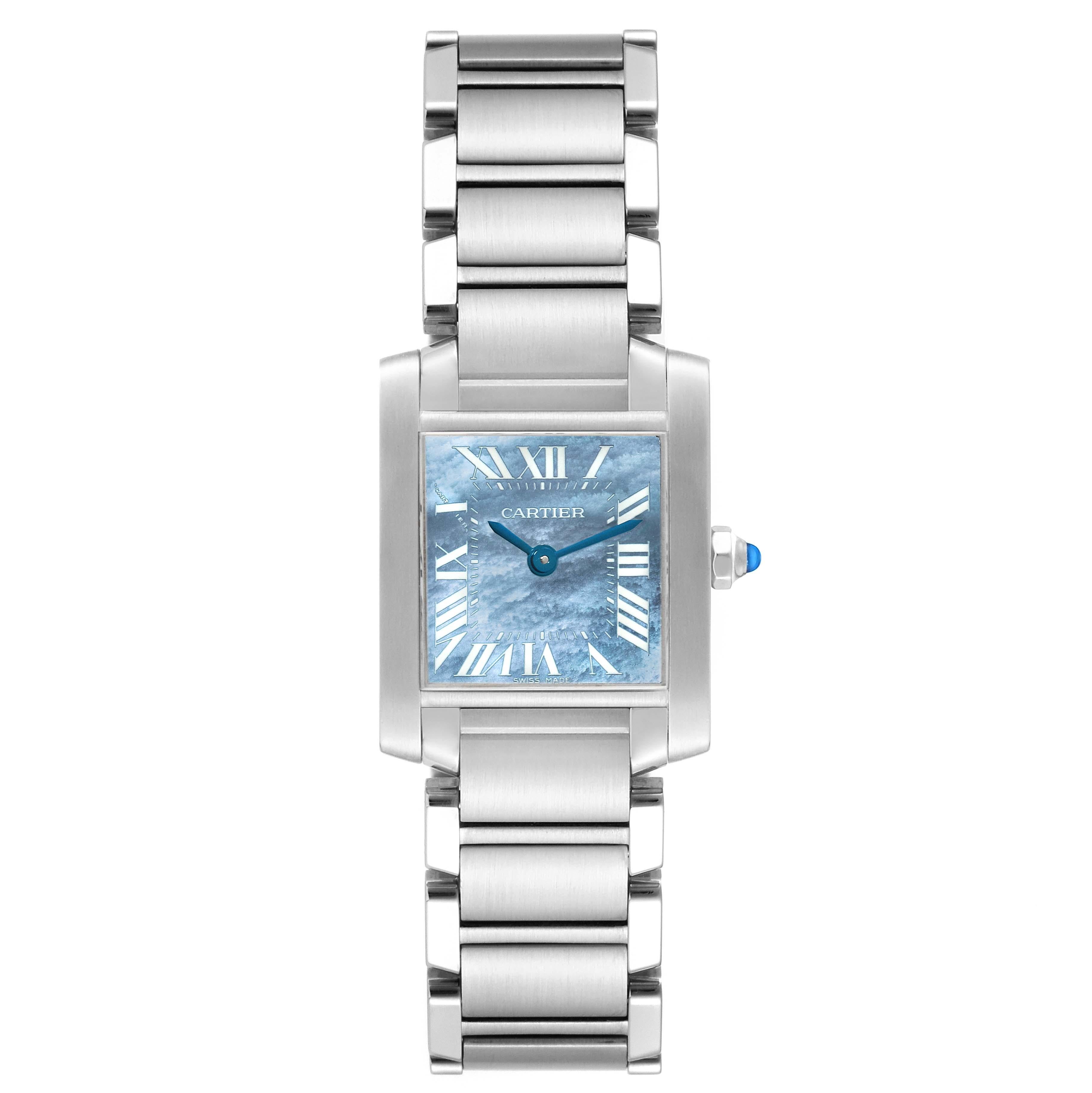 Cartier Tank Francaise Blue Mother of Pearl Dial Steel Ladies Watch W51034Q3. Quartz movement. Rectangular stainless steel 20.0 x 25.0 mm case. Octagonal crown set with a blue spinel cabochon. . Scratch resistant sapphire crystal. Blue mother of