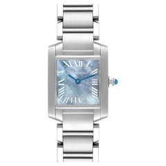Cartier: Stahl-Damenuhr W51034Q3, Tank Francaise, blau, Perlmutt-Zifferblatt
