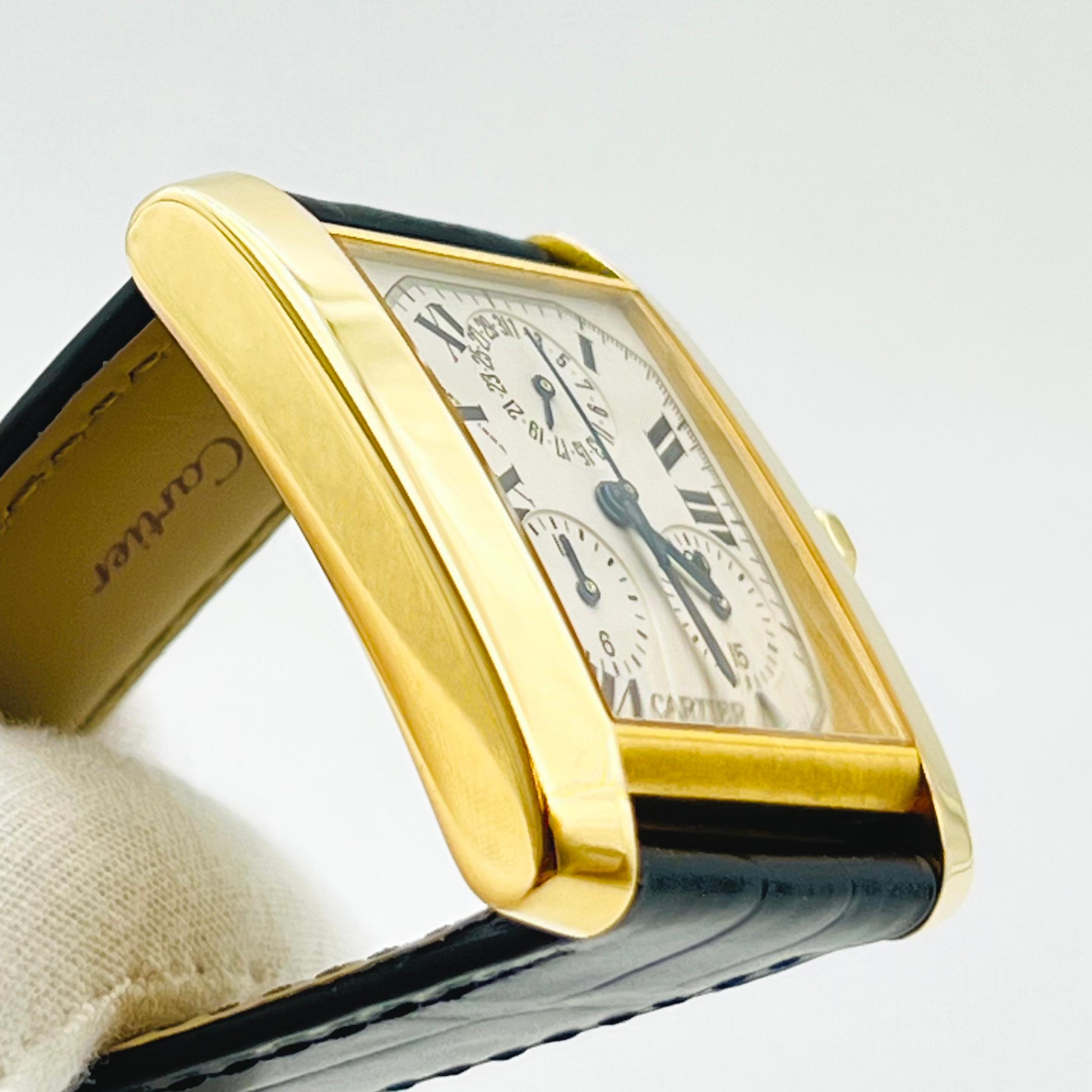 Cartier Tank Francaise Chronograph XL in 18K Gold In Leather Strap. Quartz movement with 28mm case and three subdial chronograph functions.
