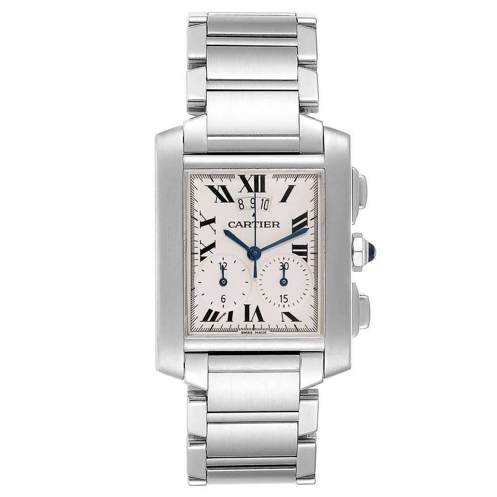 Cartier Tank Francaise Chrongraph Steel Mens Watch W51024Q3 Box. Quartz movement. Rectangular stainless steel 37.0 x 28.0 mm case. Octagonal crown set with a blue spinel cabochon. Scratch resistant sapphire crystal. Silvered grained dial with