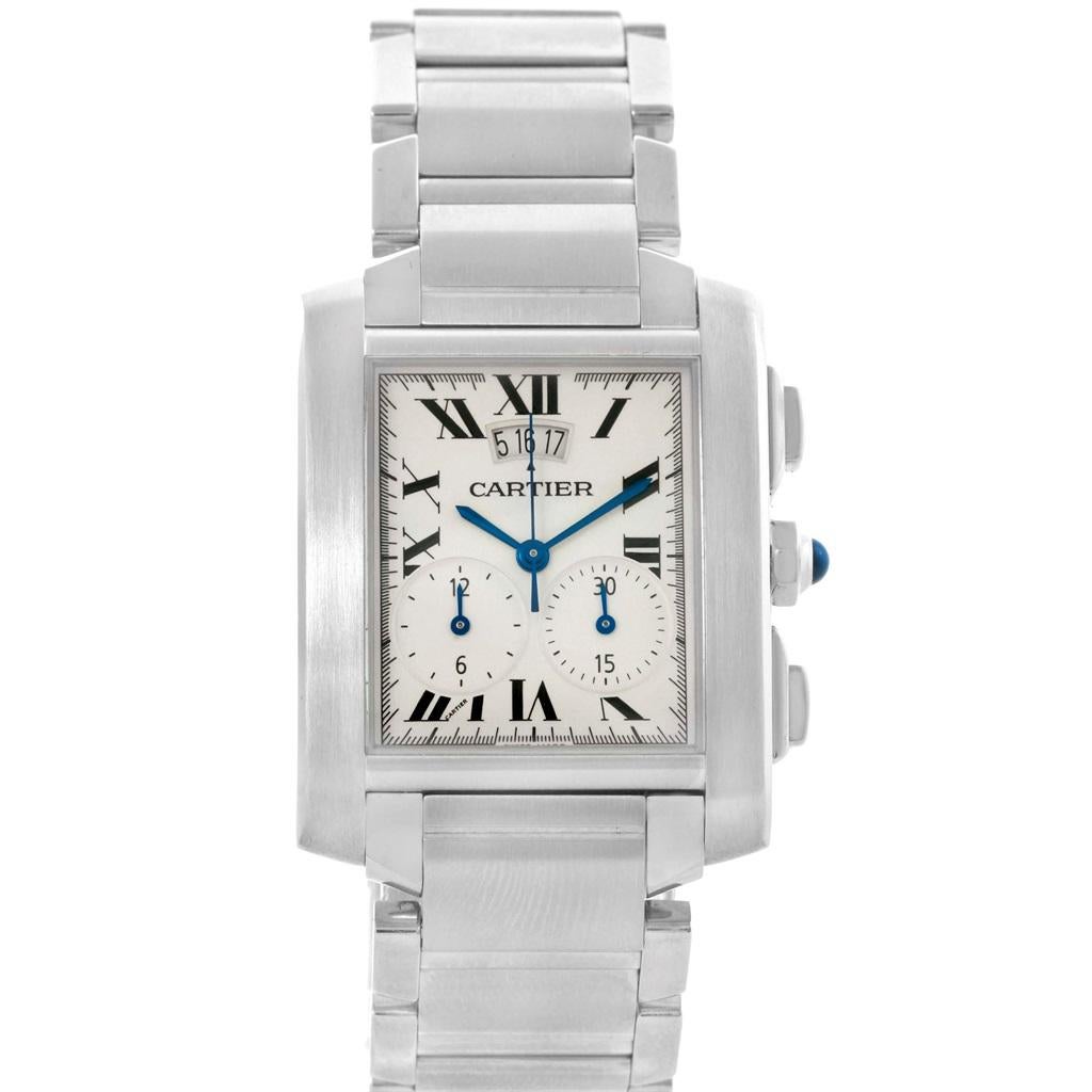 Cartier Tank Francaise Chrongraph Steel Mens Watch W51024Q3. Quartz movement. Rectangular stainless steel 37.0 x 28.0 mm case. Octagonal crown set with a blue spinel cabochon. Scratch resistant sapphire crystal. Silvered grained dial with painted
