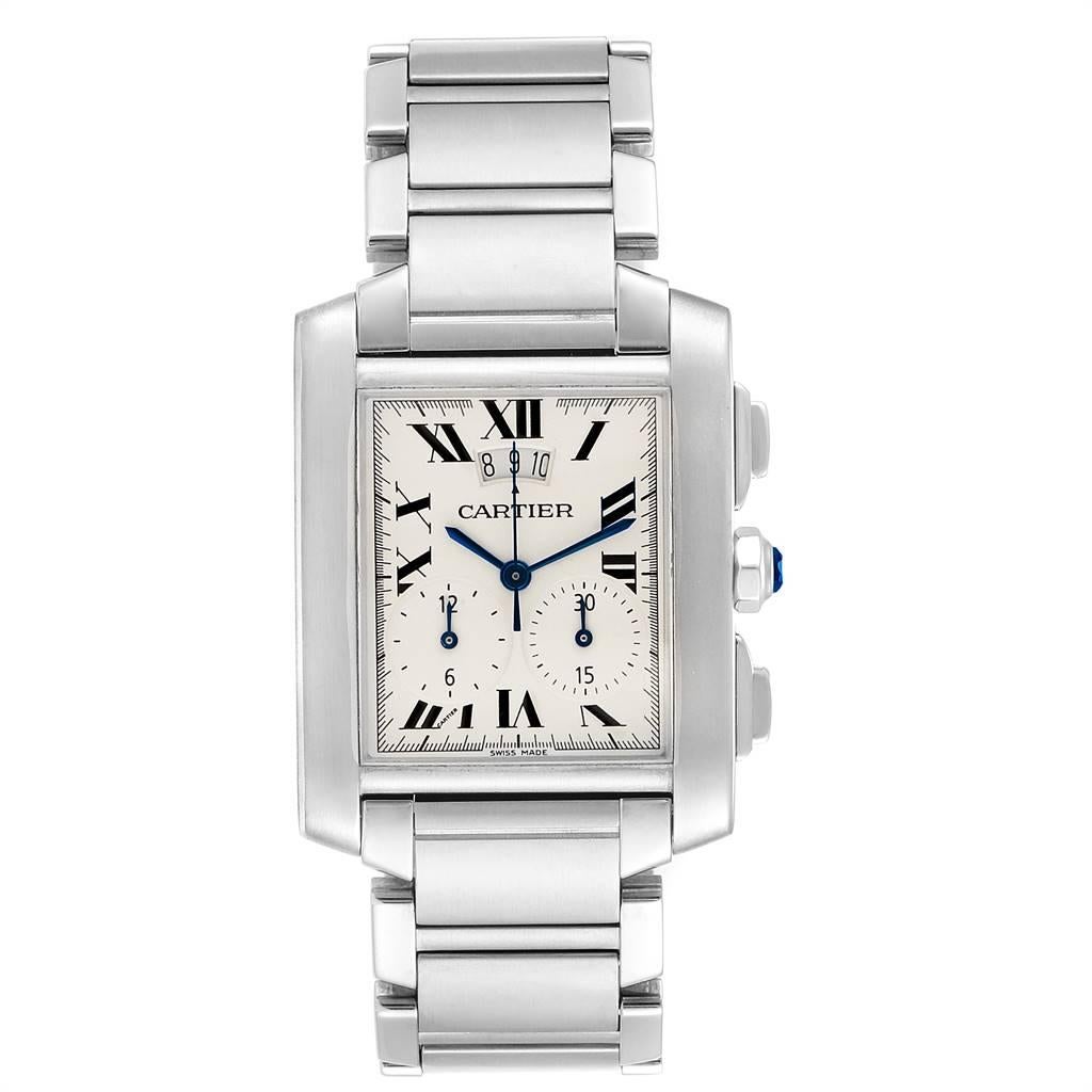 Cartier Tank Francaise Chrongraph Steel Mens Watch W51024Q3. Quartz movement. Rectangular stainless steel 37.0 x 28.0 mm case. Octagonal crown set with a blue spinel cabochon. Stainless steel bezel. Scratch resistant sapphire crystal. Silvered