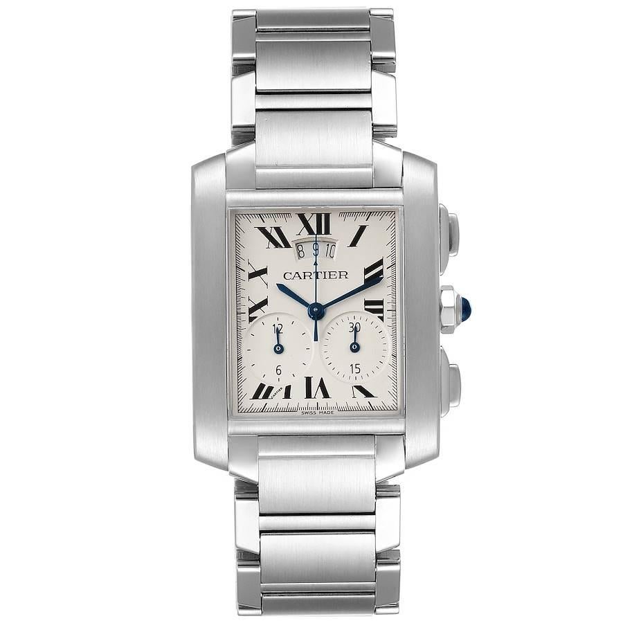Cartier Tank Francaise Chrongraph Steel Mens Watch W51024Q3. Quartz movement. Rectangular stainless steel 37.0 x 28.0 mm case. Octagonal crown set with a blue spinel cabochon. . Scratch resistant sapphire crystal. Silvered grained dial with painted