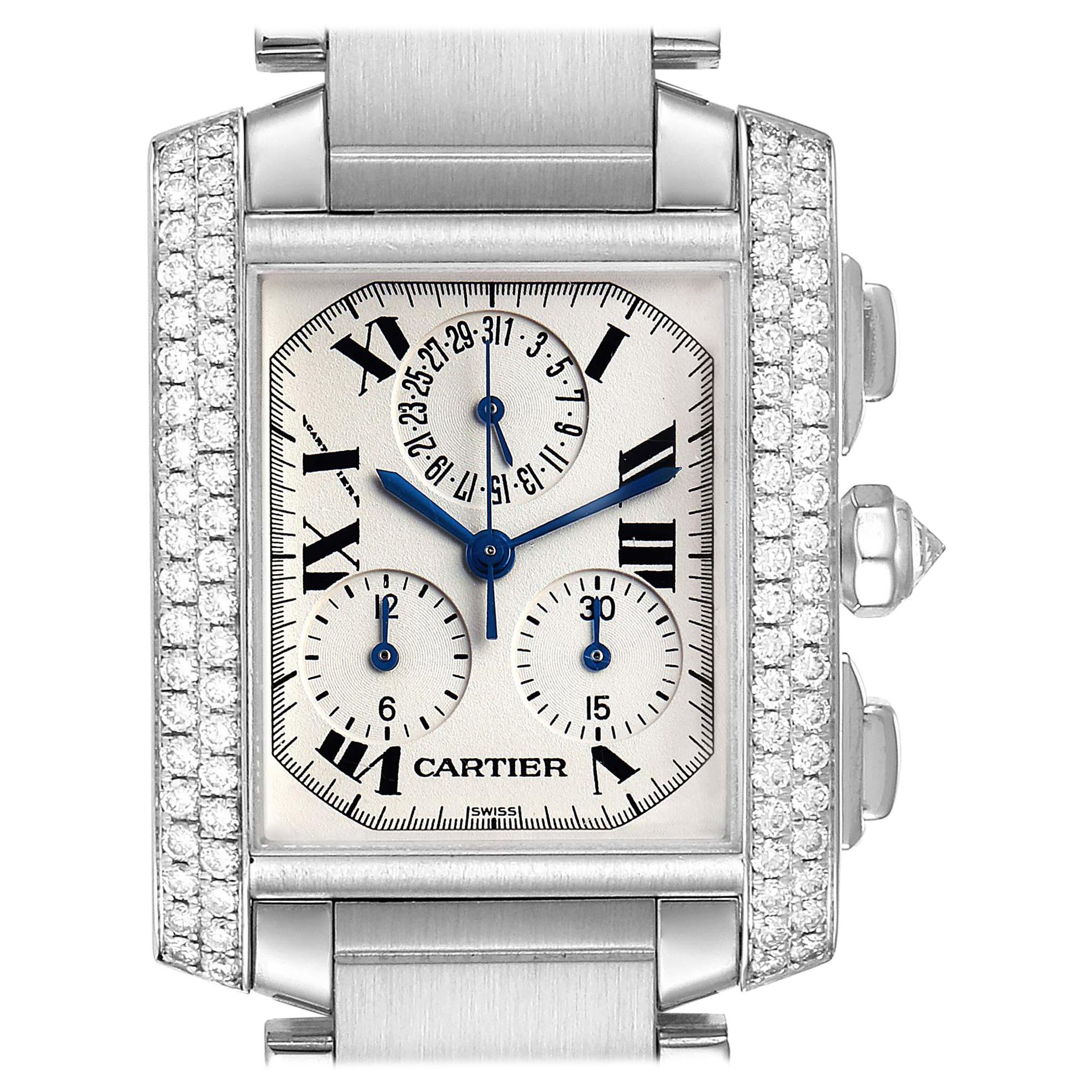 Cartier Tank Francaise Chrongraph White Gold Diamond Men's Watch 2367 For Sale