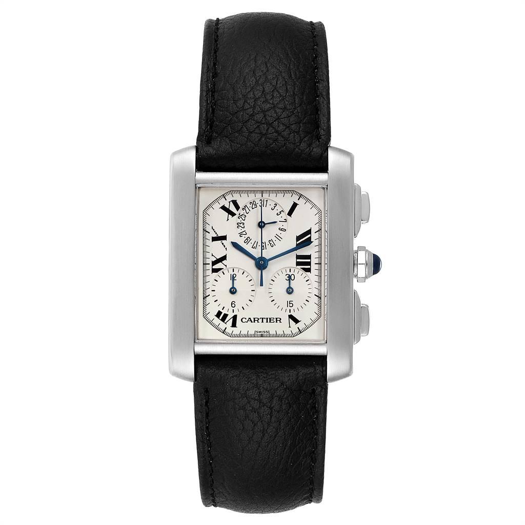 Cartier Tank Francaise Chronoflex Black Strap Steel Mens Watch W51001Q3. Quartz movement. Rectangular stainless steel 37.0 x 28.0 mm case. Octagonal crown set with a blue spinel cabochon. Scratch resistant sapphire crystal. Off-white dial with