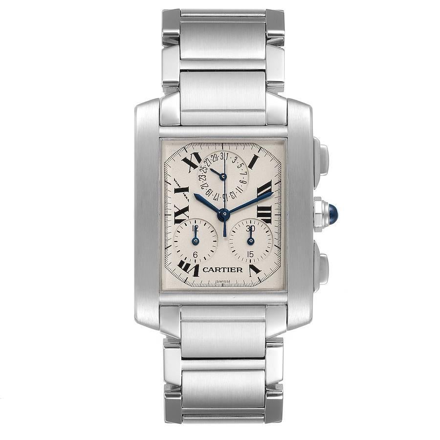 Cartier Tank Francaise Chronoflex Chronograph Steel Mens Watch W51001Q3. Quartz chronograph movement. Rectangular stainless steel 37.0 x 28.0 mm case. Octagonal crown set with a blue spinel cabochon. Stainless steel bezel. Scratch resistant sapphire