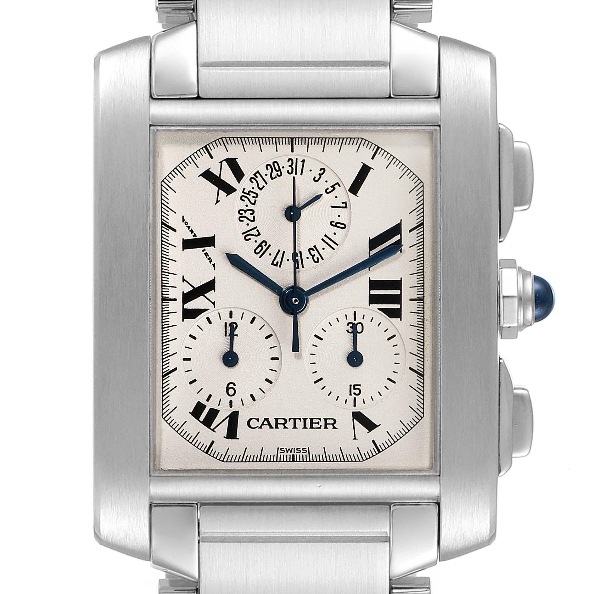 Cartier Tank Francaise Chronoflex Chronograph Steel Mens Watch W51001Q3. Quartz chronograph movement. Rectangular stainless steel 37.0 x 28.0 mm case. Octagonal crown set with a blue spinel cabochon. Stainless steel smooth bezel. Scratch resistant