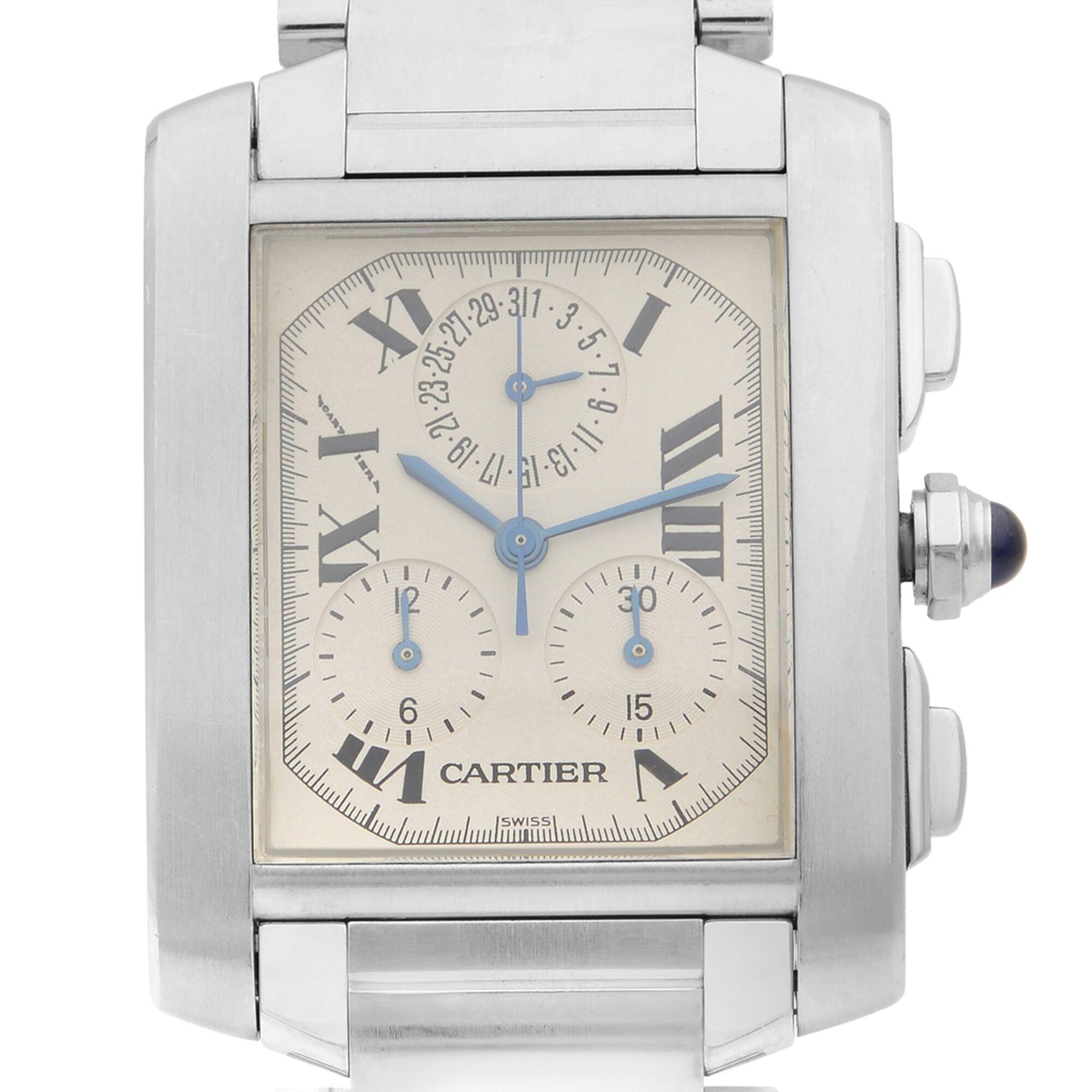 This pre-owned Cartier Tank  W51001Q3  is a beautiful men's timepiece that is powered by quartz (battery) movement which is cased in a stainless steel case. It has a  rectangle shape face, chronograph, date indicator, small seconds subdial dial, and