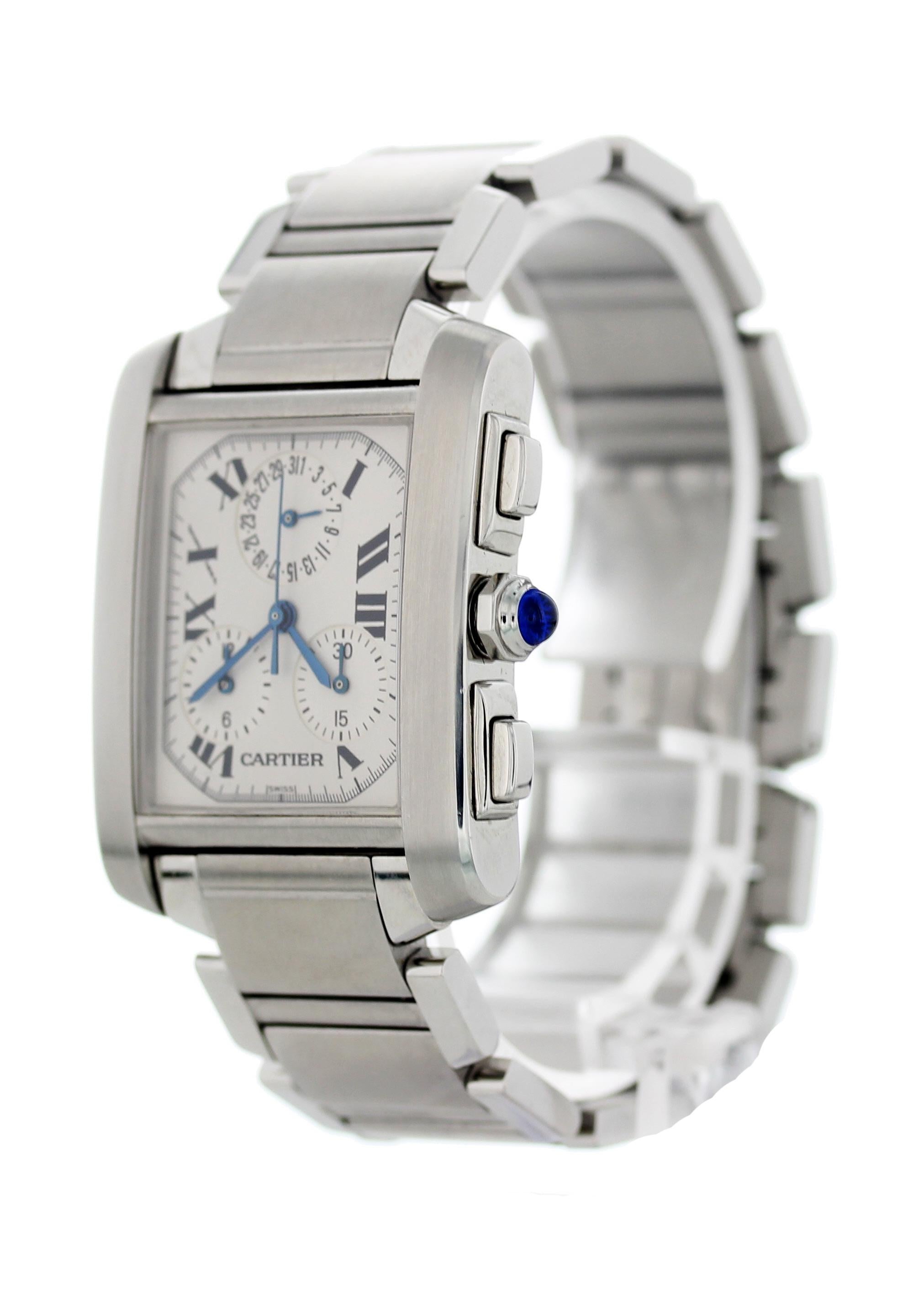 Cartier Tank Francaise Chronograph 2303 Mens Watch. 28mm stainless steel case. White dial with blue steel hands black Roman numerals. Three sub-dials displaying date, minutes and hours. Stainless steel bracelet with butterfly clasp. Will fit up to a