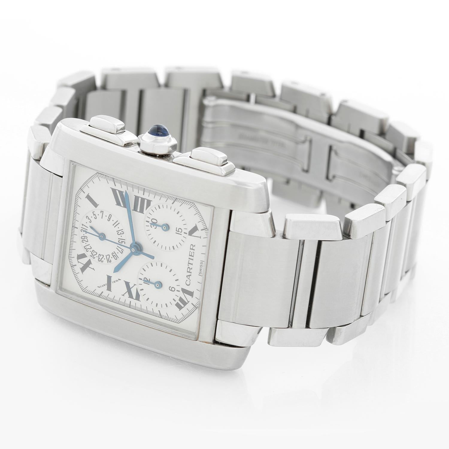 Cartier Tank Francaise Chronograph Men's Watch W51001Q3 - Quartz. Stainless steel rectangular style case (28 mm x 32 mm) . Ivory colored dial with black Roman numerals. Stainless steel Cartier bracelet. Pre-owned with Cartier box.