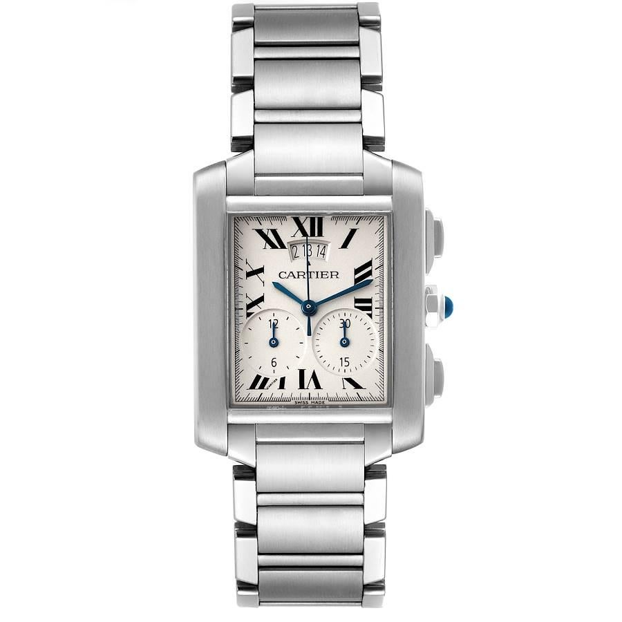 Cartier Tank Francaise Chronograph Steel Mens Watch W51024Q3. Quartz movement. Rectangular stainless steel 37.0 x 28.0 mm case. Octagonal crown set with a blue spinel cabochon. . Scratch resistant sapphire crystal. Silvered grained dial with painted
