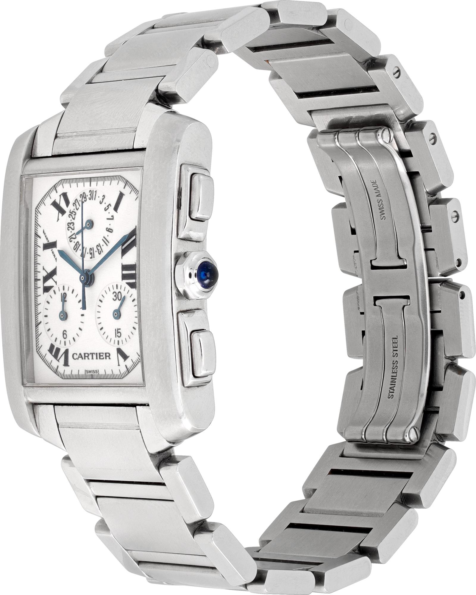 Cartier Tank Francaise Chronograph in stainless steel. Quartz with date and chronograph. 28 mm case size. Ref w51001q3. Comes with open papers and booklet. Complete service by Cariter 11/04/2024. Fine Pre-owned Cartier Watch.

 Certified preowned