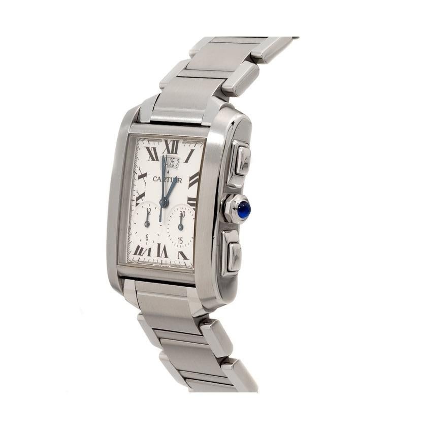 CARTIER TANK FRANCAISE CHRONOGRAPH WATCH 2653

-Condition: Mint
-Movement: Quartz
-Case Size: 28mm
-Material: Stainless Steel
-Lug Width: 19mm
-Crystal: Sapphire
-Dial: Ivory with Roman Numeral Markers
-Features: Chronograph, Date

*Includes Cartier