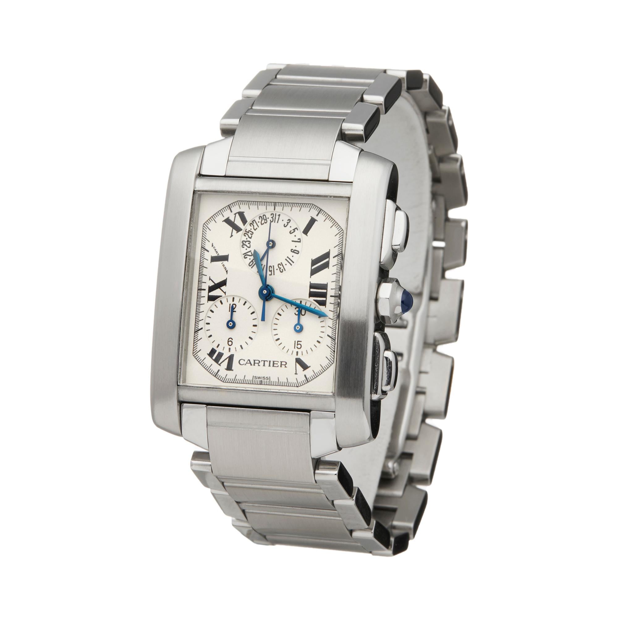 Reference: W6004
Manufacturer: Cartier
Model: Tank Francaise
Model Reference: 2303 or W51001Q3
Age: Circa 2000's
Gender: Men's
Box and Papers: Box, Service Pouch and Service Papers
Dial: White Roman
Glass: Sapphire Crystal
Movement: Quartz
Water