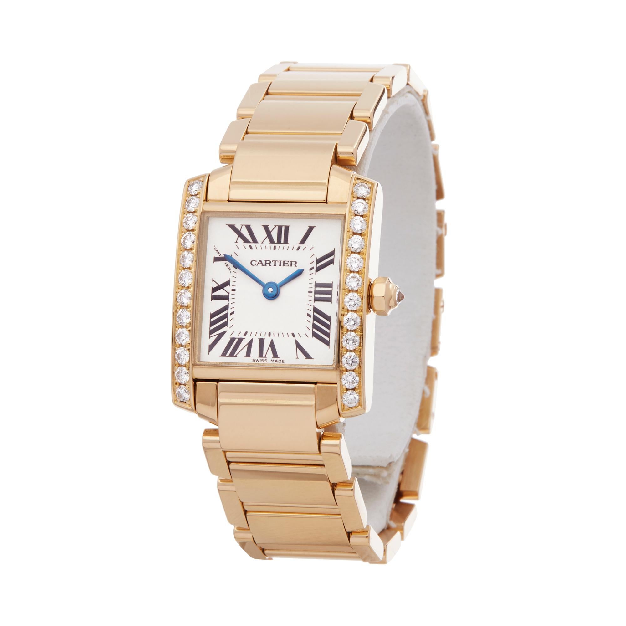 Ref: W6170
Manufacturer: Cartier
Model: Tank
Model Ref: 2385
Age: Circa 2000's
Gender: Ladies
Complete With: Box & Manuals
Dial: White Roman 
Glass: Sapphire Crystal
Movement: Quartz
Water Resistance: To Manufacturers Specifications
Case: Yellow