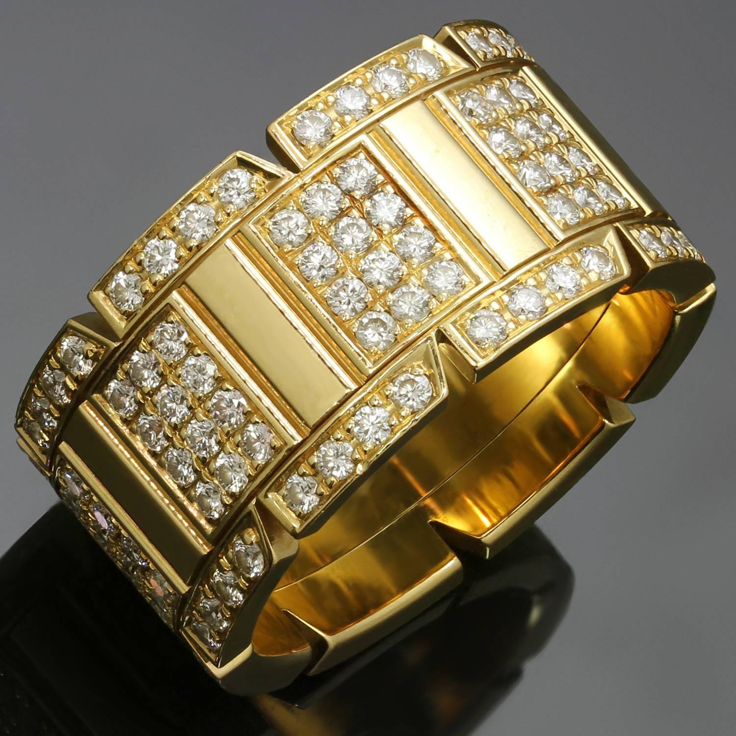 This iconic ring from Cartier's Tank Francaise collection is crafted in 18k yellow gold and set with about 160 brilliant-cut round diamonds of an estimated 2.50 carats. Made in France circa 1999s. Measurements: 0.43