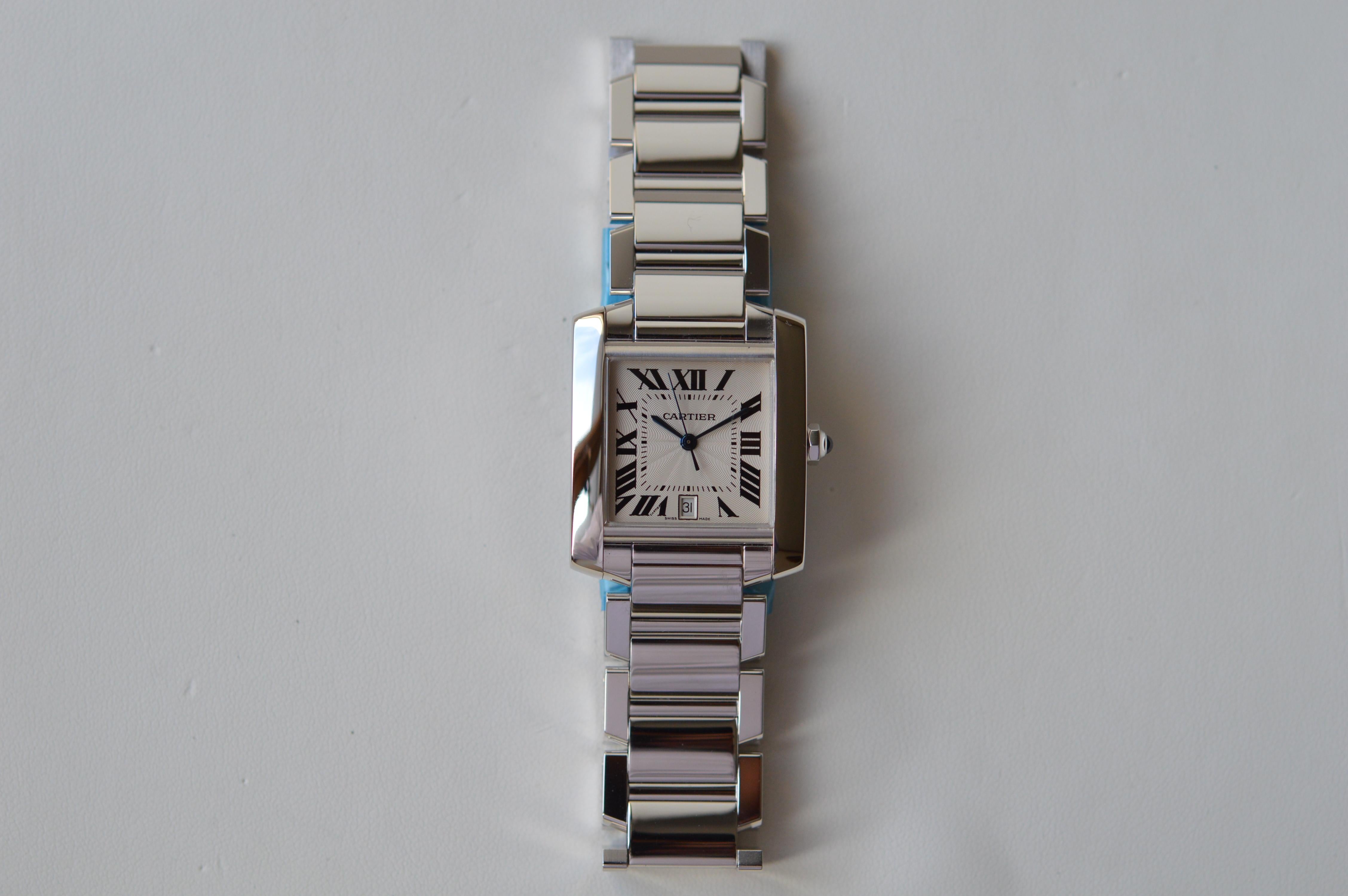 Cartier Tank Française GM 18k Full White Gold
Grand Model (GM)
35mm X 20mm
In Full 18K White Gold
Reference n° W50011S3
Guilloché Silver Dial with Roman Numerals
Water-Resistant
Automatic Movement
New Old Stock Condition
Brand new never used
With