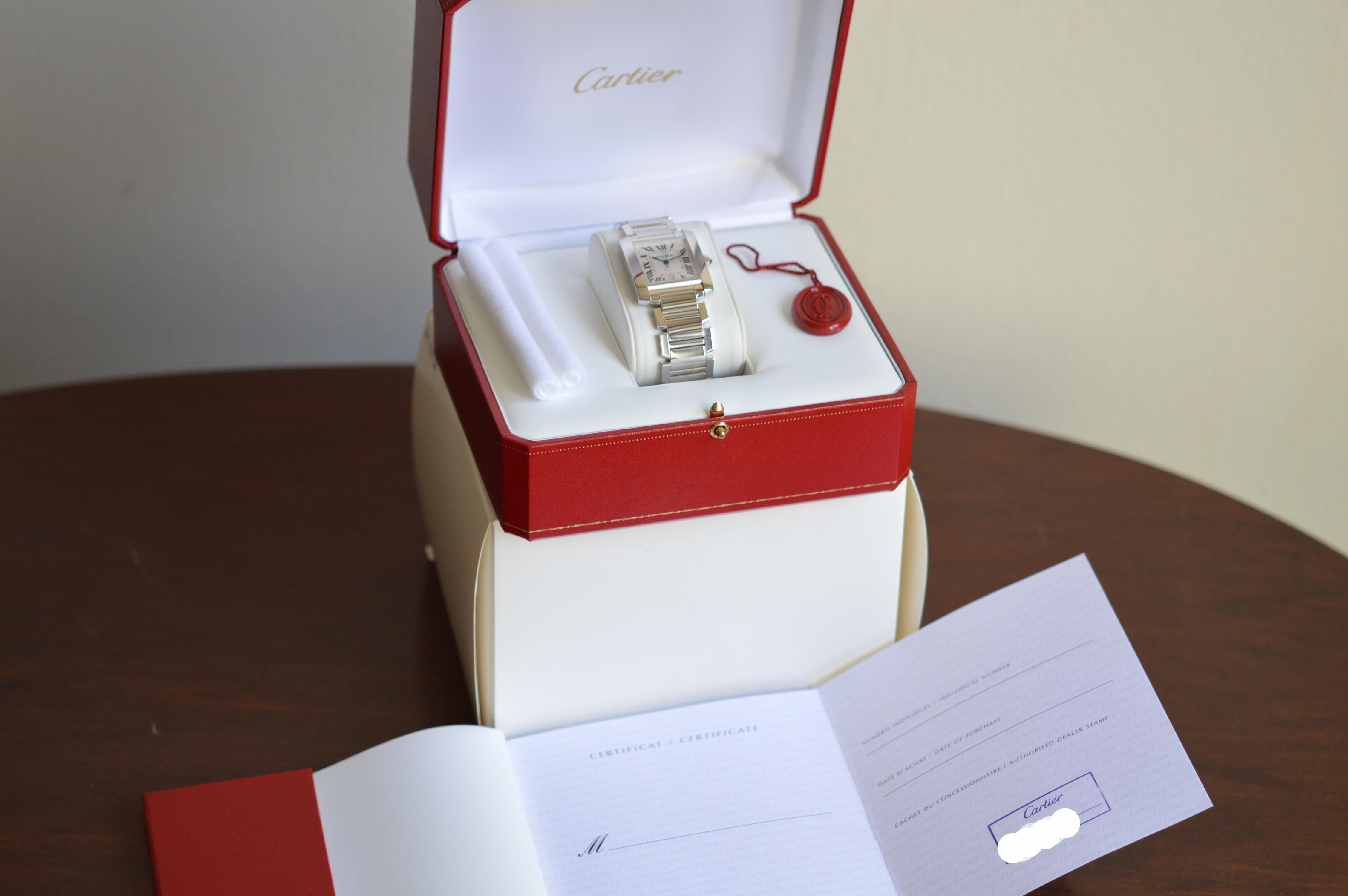 Women's or Men's Cartier Tank Française GM 18k White Gold Unworn Full Set For Sale